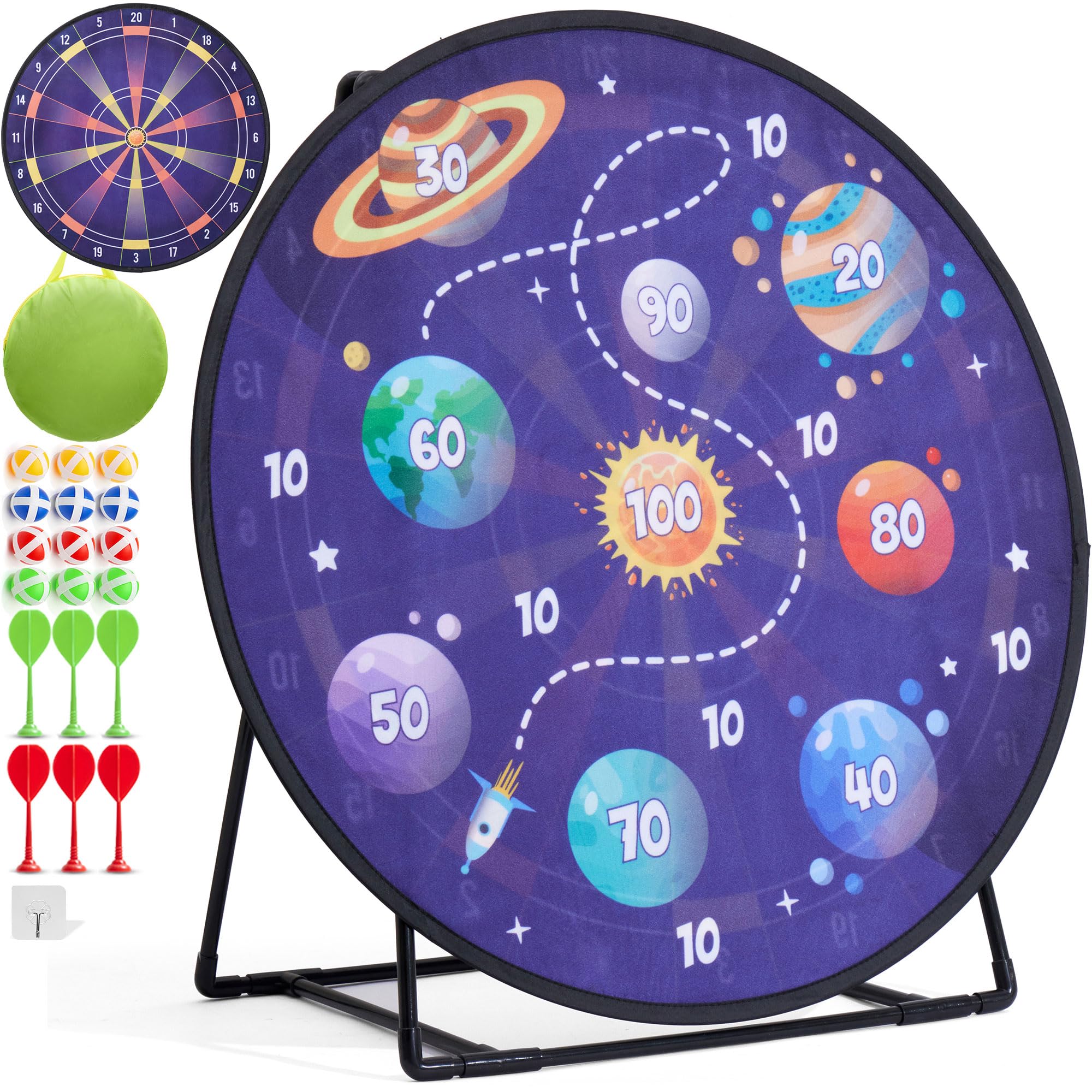 Cheerful Children Toys Jumbo Kids Dart Board XL or XXL, Velcro Dart Board Set for Kids - Reversible Design, Sturdy Stand, 12 Sticky Balls & 6 Darts, Indoor/Outdoor Games Ages 3-8 (Space, 73cm)