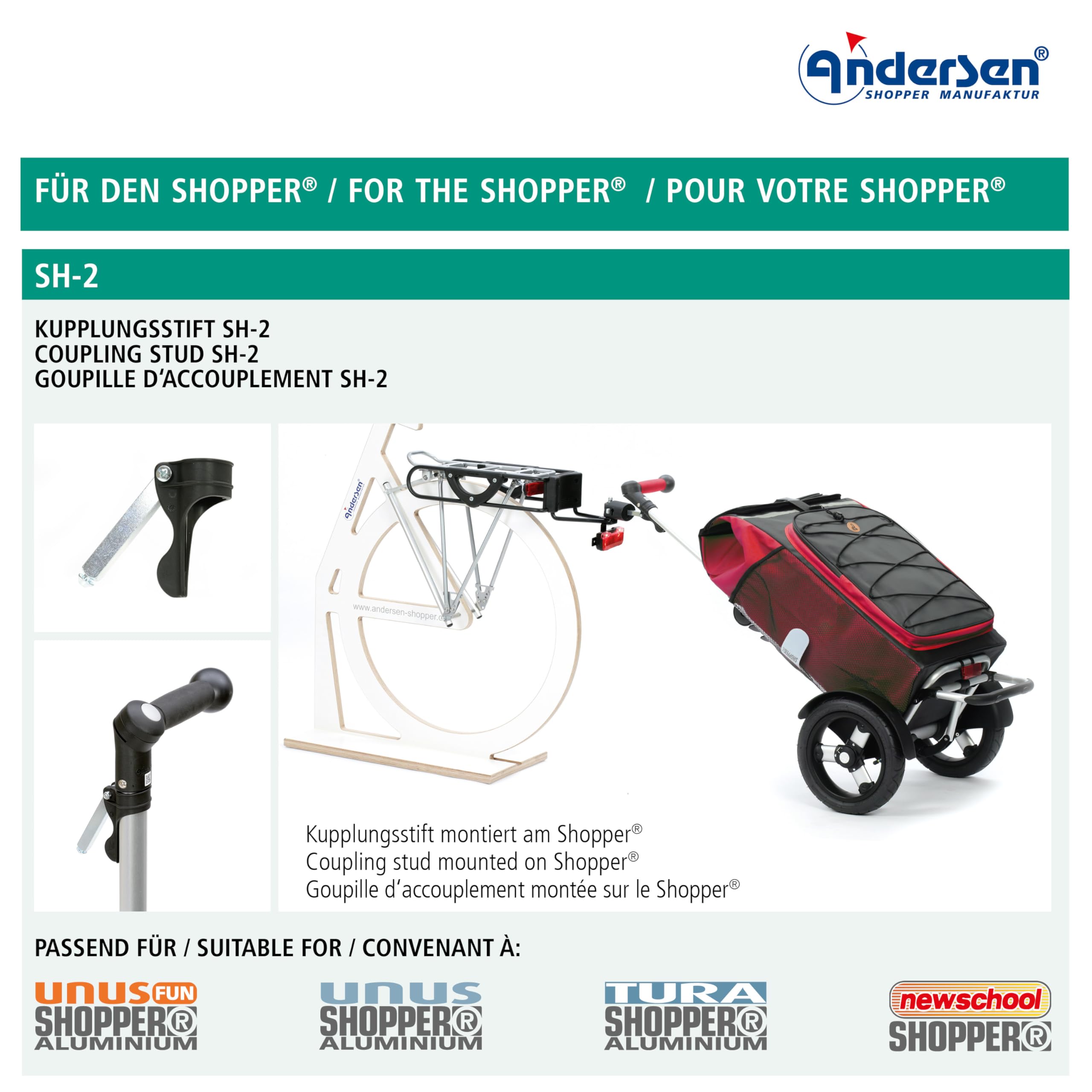 ANDERSEN Einkaufstrolley Fahrradmontage-Set: Anhängerkupplung R1-BigEasy für Fahrradrahmen und Kupplungsstift SH-2 Baumarkt