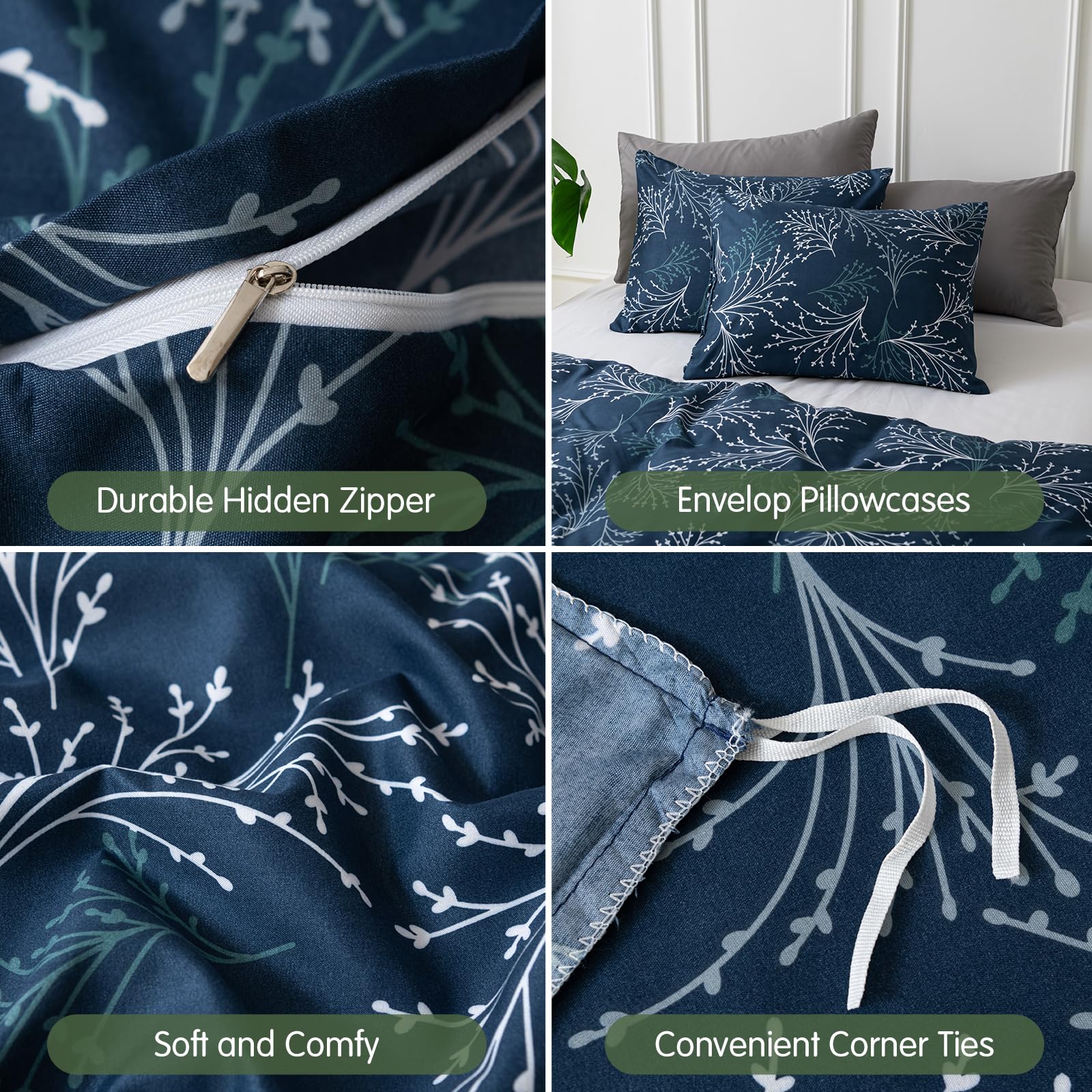 AIKASY Set Copripiumino King Size 7 Pezzi Floreale - Blu Navy, Microfibra - 4