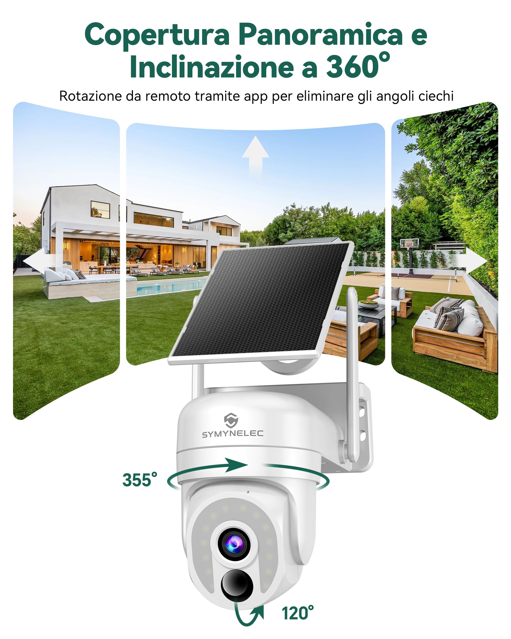 SYMYNELEC 2K Telecamera Wi-Fi Esterno con Pannello Solare, 5GHz/2.4GHz Videocamera Sorveglianza a Batteria con AI Rilevamento Umano e Allarme, Audio Bidirezionale, Compatibile con Alexa, IP65, 2PCS