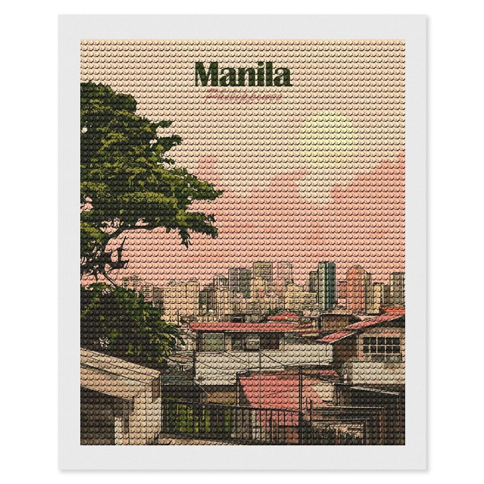 Junmoney Manila Philippines Cityscape Art Diamond Painting Canvas Set 16"x20", for Adults, Bedroom Decor, Good for Quiet Evenings, Festive Craft Gift