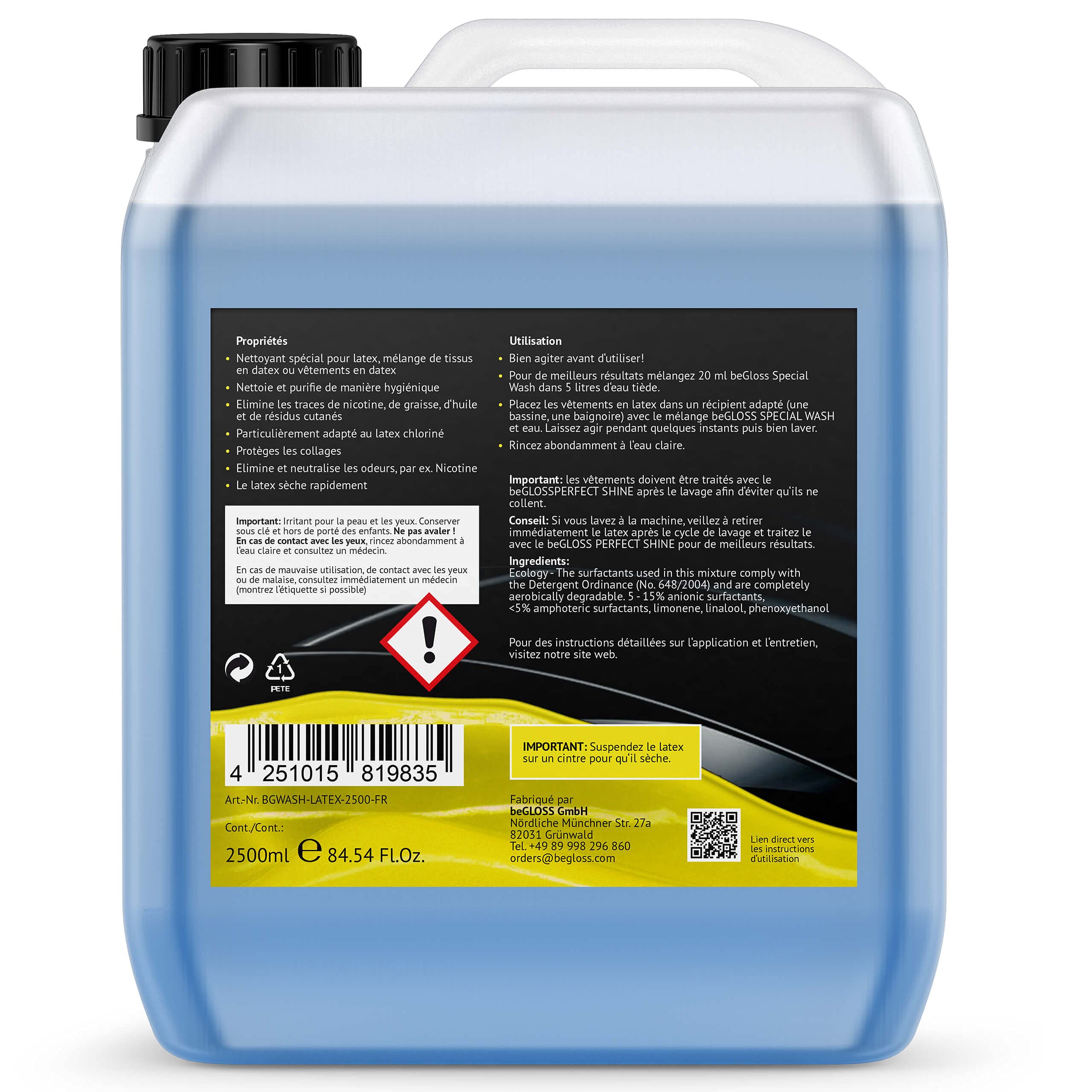 beGLOSS Special Wash LATEX – Nettoyant spécial pour une propreté supérieure – nettoyant doux pour le soin et la purification intensive des vêtements en caoutchouc et latex