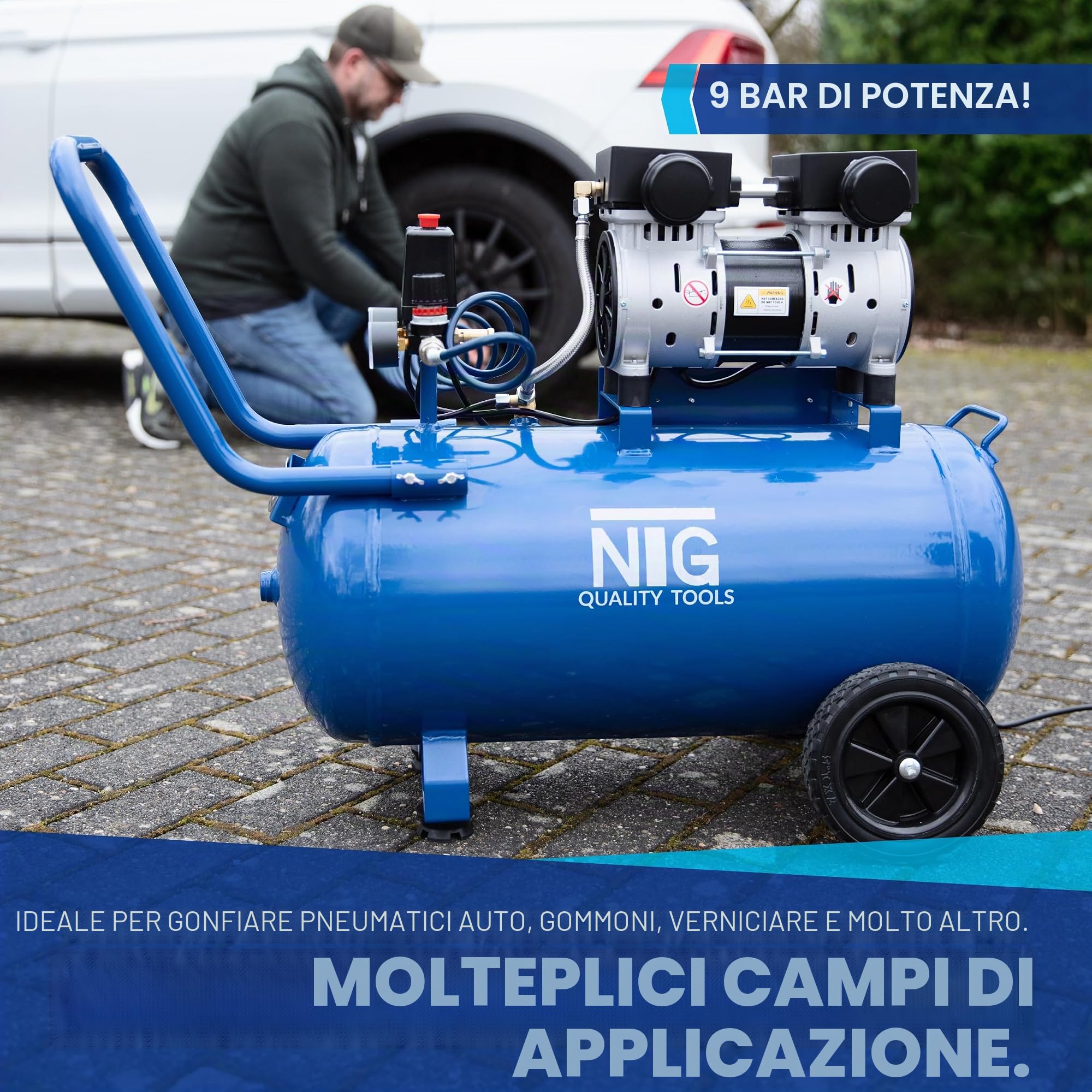 Compressore silenzioso NTG 9 bar | Serbatoio da 50 l | Potenza 1470 W | Senza olio | versatile con manometro e regolatore di pressione Serbatoio da 50 l (compressore con starter kit)