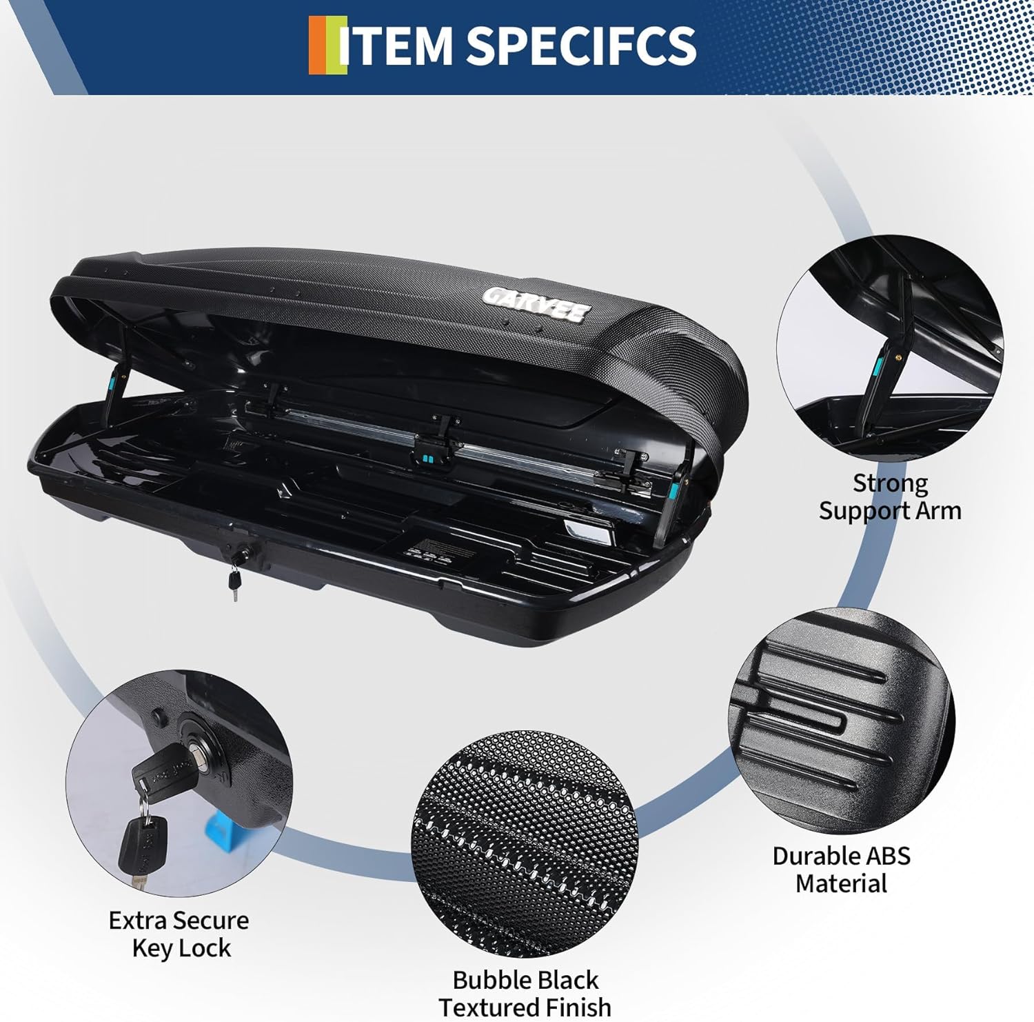 Dual-Side Opening Hard Shell Rooftop Cargo Box - 14 Cubic Feet, 135 lbs Capacity, Lockable ABS Storage, Secure Straps & Keys, Black Waterdrop Texture