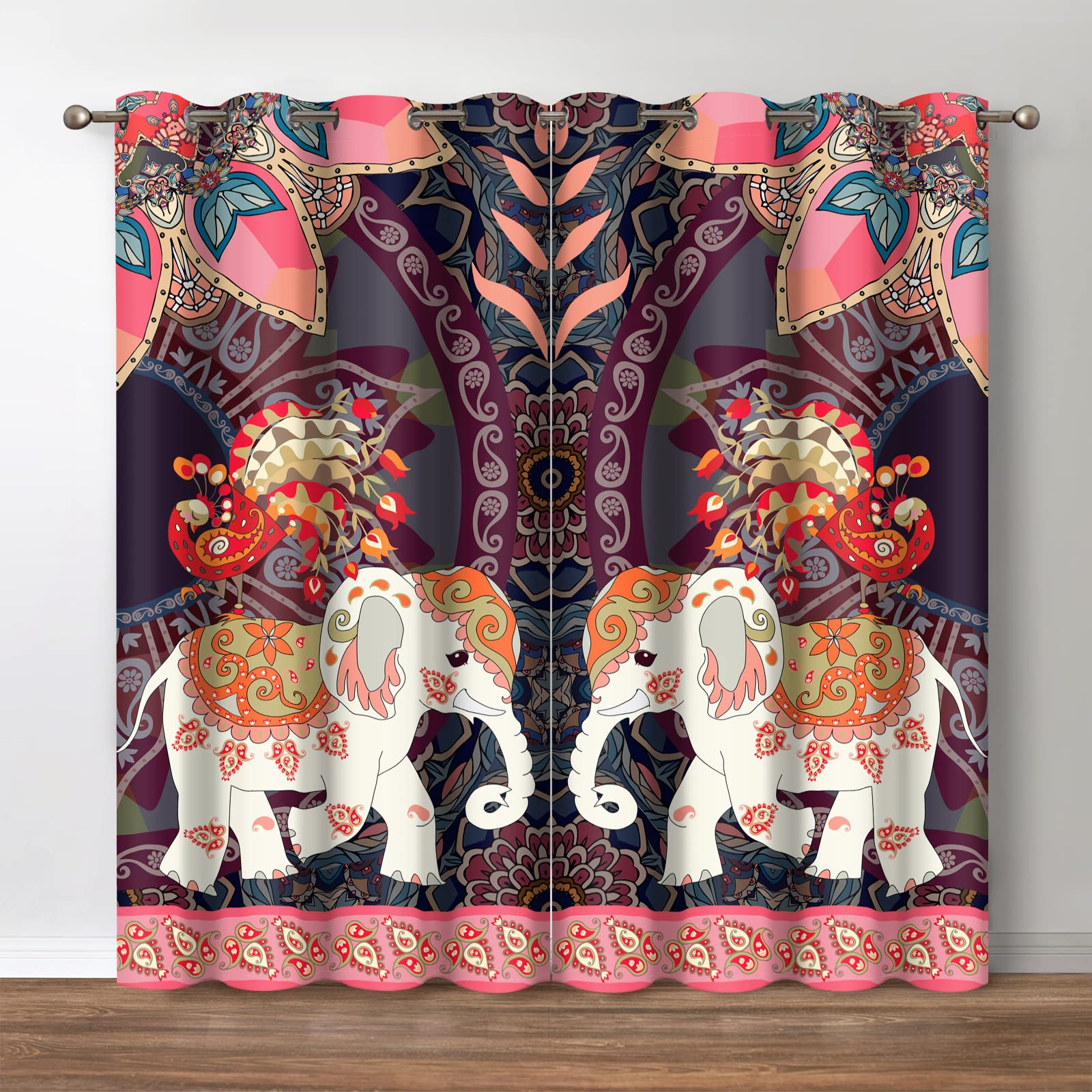 Jekeno Boho Curtains, Indian Bohemian Hippie Art Theme Window Drapes with Mandala Flower Elephant Peacock Print Pattern Room Decor Curtains for