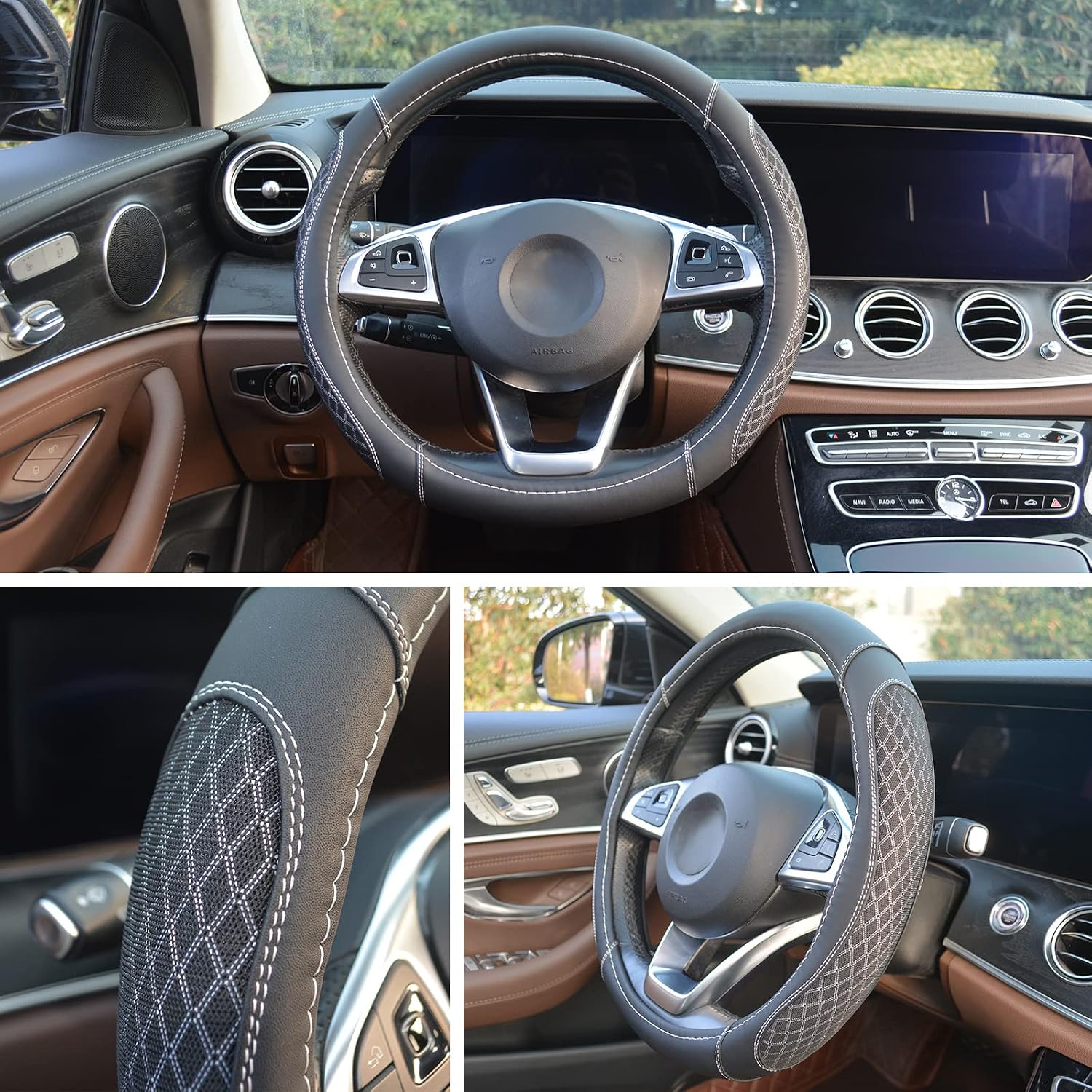 Steering Wheel Covers for Men Women Anti-Slip Microfiber Leather and Honeycomb Silk Auto Cars Interior Accessories Universal Fit 14 1/2-15 Inch (Black)