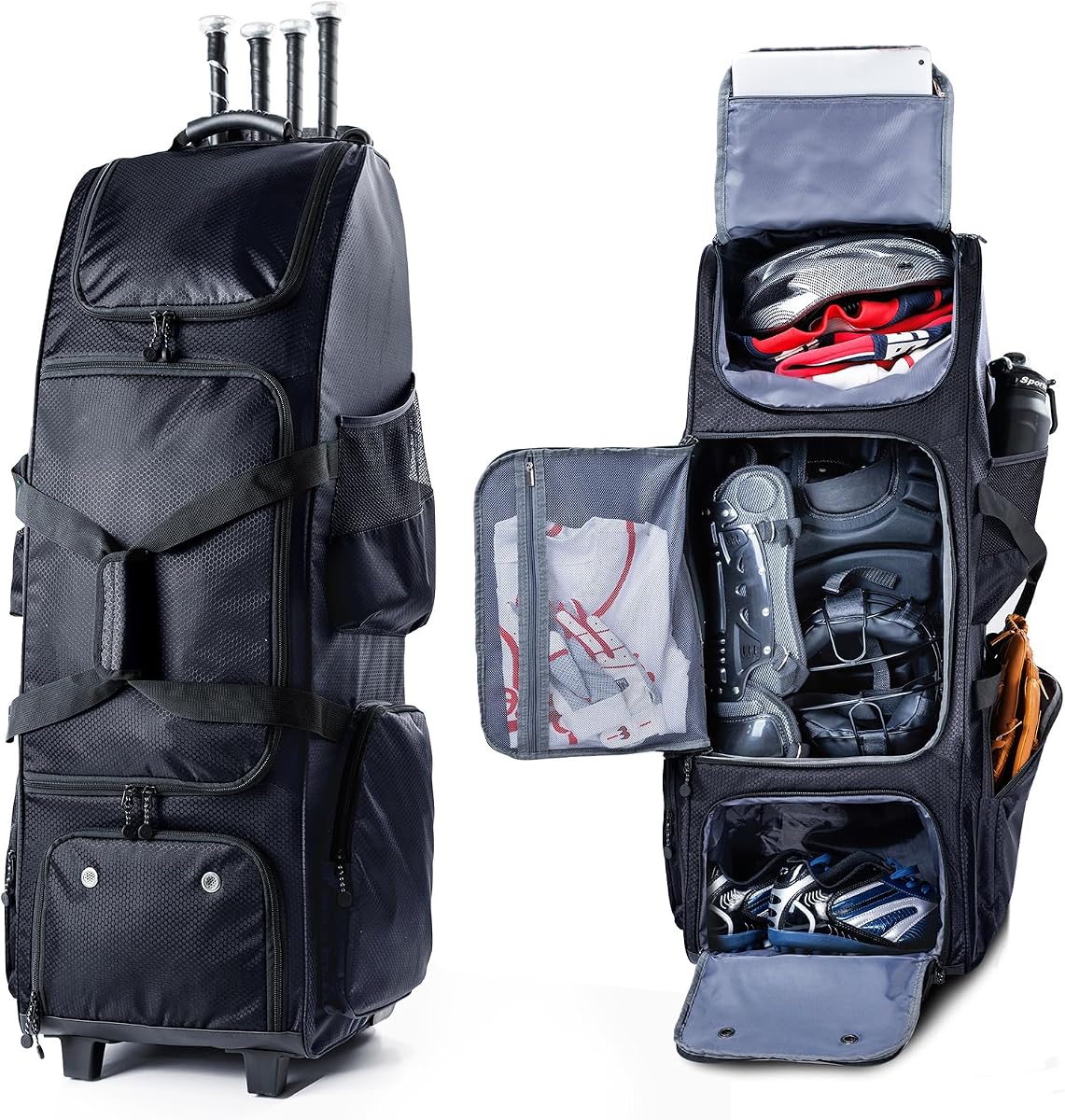 Bolsa de béisbol con ruedas mejorada con respaldo duro resistente: bolsa de softbol grande con ruedas para 4 bates, bolsa de bate de lona para equipo de equipo grande, bolsa de equipo de receptor para niños de 8 a 12 años, jóvenes y adultos