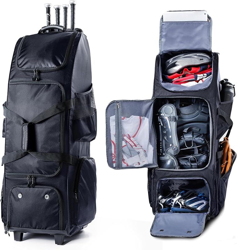 Bolsa de béisbol con ruedas mejorada con respaldo duro resistente: bolsa de softbol grande con ruedas para 4 bates, bolsa de bate de lona para equipo de equipo grande, bolsa de equipo de receptor para niños de 8 a 12 años, jóvenes y adultos