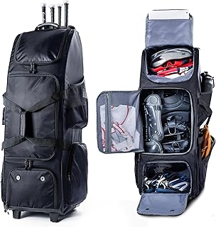 Upgraded Rolling Baseball Bag with Sturdy Hard Backing - Large Softball Bag with Wheels for 4 Bats, Large Team Equipment Duffle Bat Bag, Catcher Gear Bag for Boys 8-12, Youth, Adults
