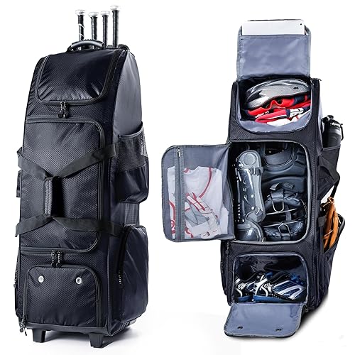 Upgraded Rolling Baseball Bag with Sturdy Hard Backing - Large