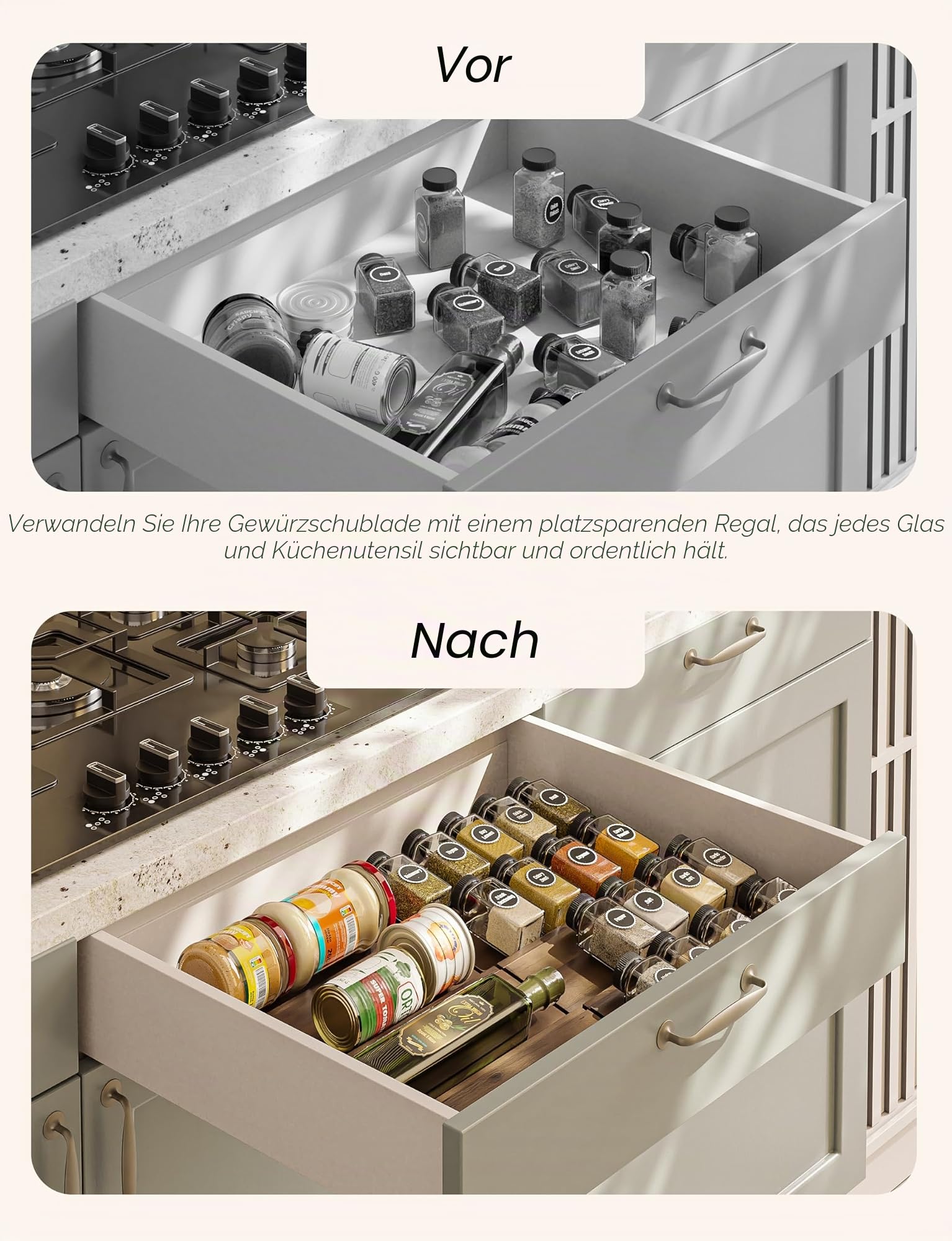 Tinamo Gewürzregal aus Akazienholz für Schrank – Gewürzschubladeneinsatz, Gewürzorganisation für Schrank, Gewürz-Organizer, Gewürzhalter, 8 Stück (Walnussholz, 8 Stück)