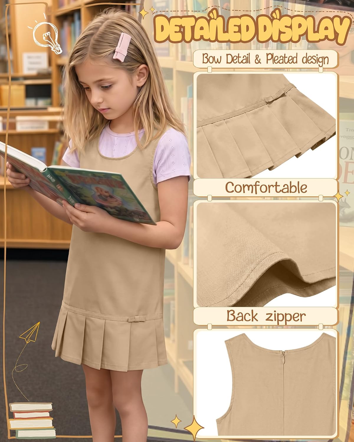 Girls School Uniform Dress Sleeveless Tank Jumper for Children Crew Neck Pleated Hem Kids Summer Casual Loose 5-14Y