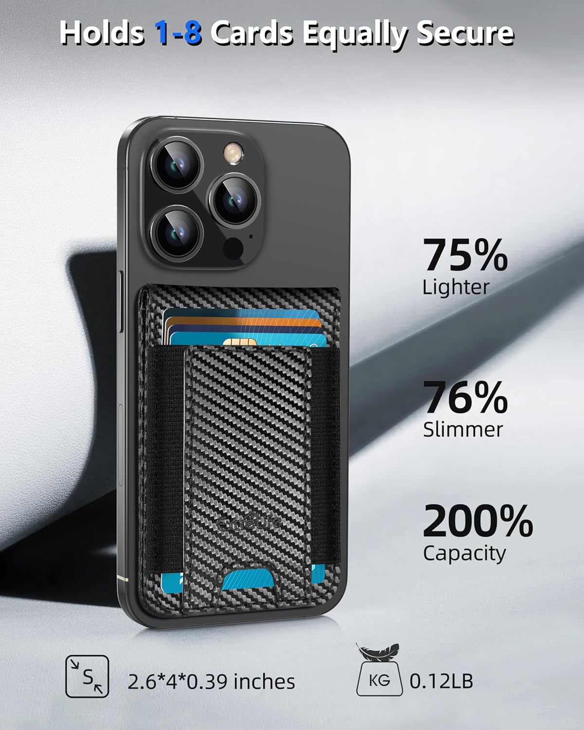 Phone Wallet Stick On, Phone Wallet with Adjustable Stand, Open ID Window, 8-Card Holder, Stronger 3M Adhesive Credit Card Holder for Back of Phone Case, iPhone, Samsung and Android, Carbon Fiber - Image 6