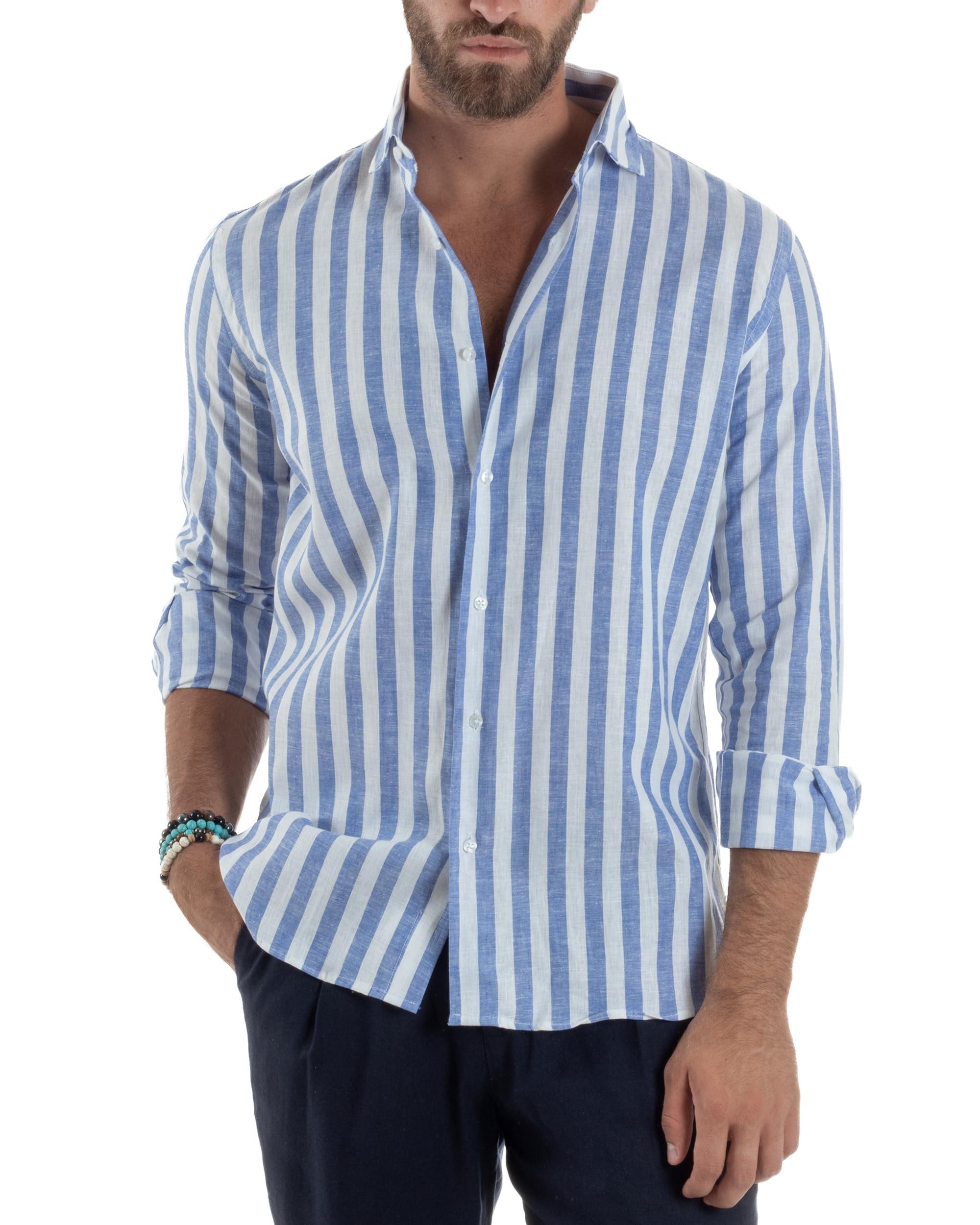 Camicia Uomo Lino Collo Coreano Colletto Francese Riga Larga Casual Maniche Lunghe Regular Fit Sartoriale Vari Colori
