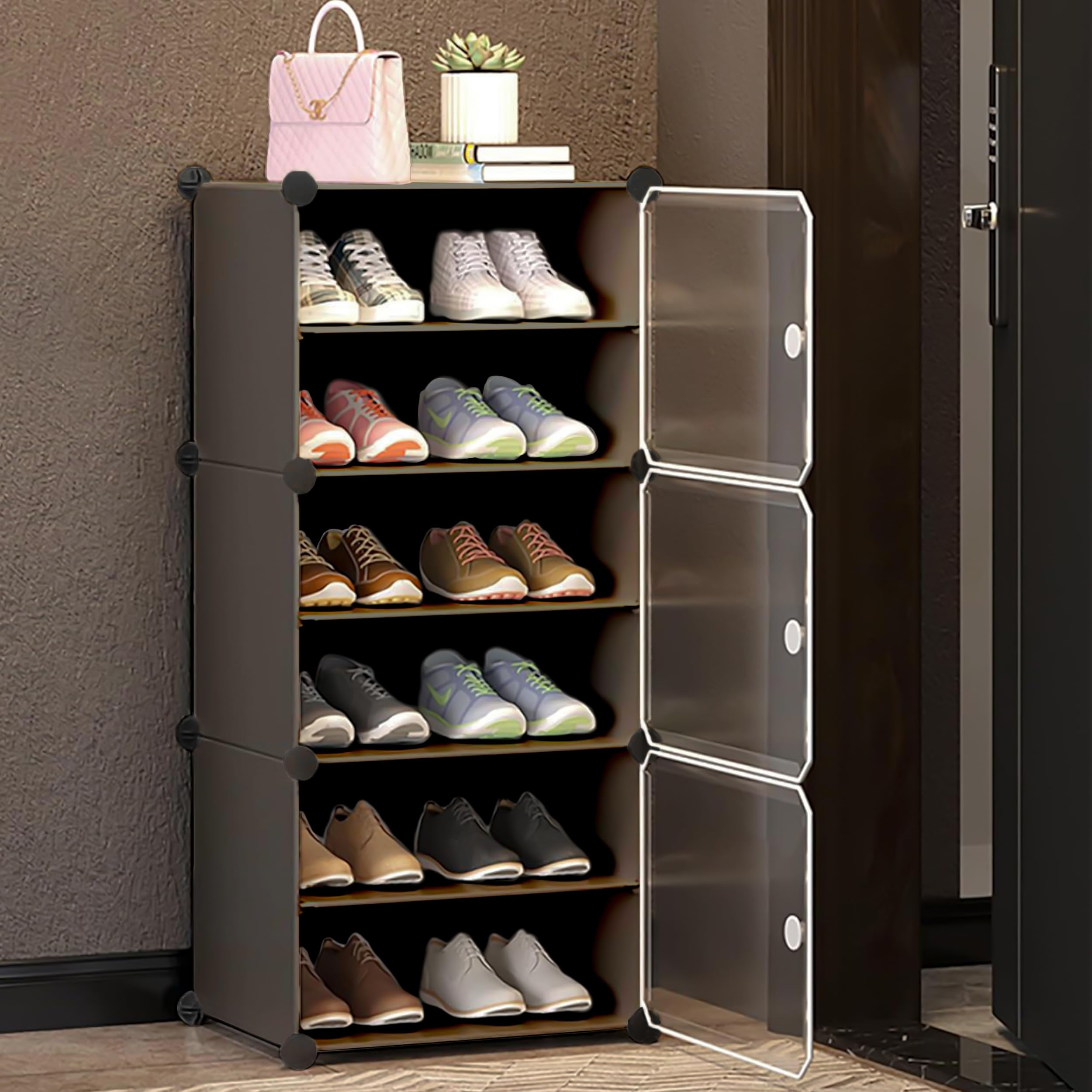 AYSIS 𝟔 𝐓𝐢𝐞𝐫 Shoe Rack for Home with Transparent Doors, Modular Dustproof Shoe Storage Cabinet, Foldable Plastic Space Saving Shoe Stand Organizer for Entryway, Bedroom & Living Room - Grey