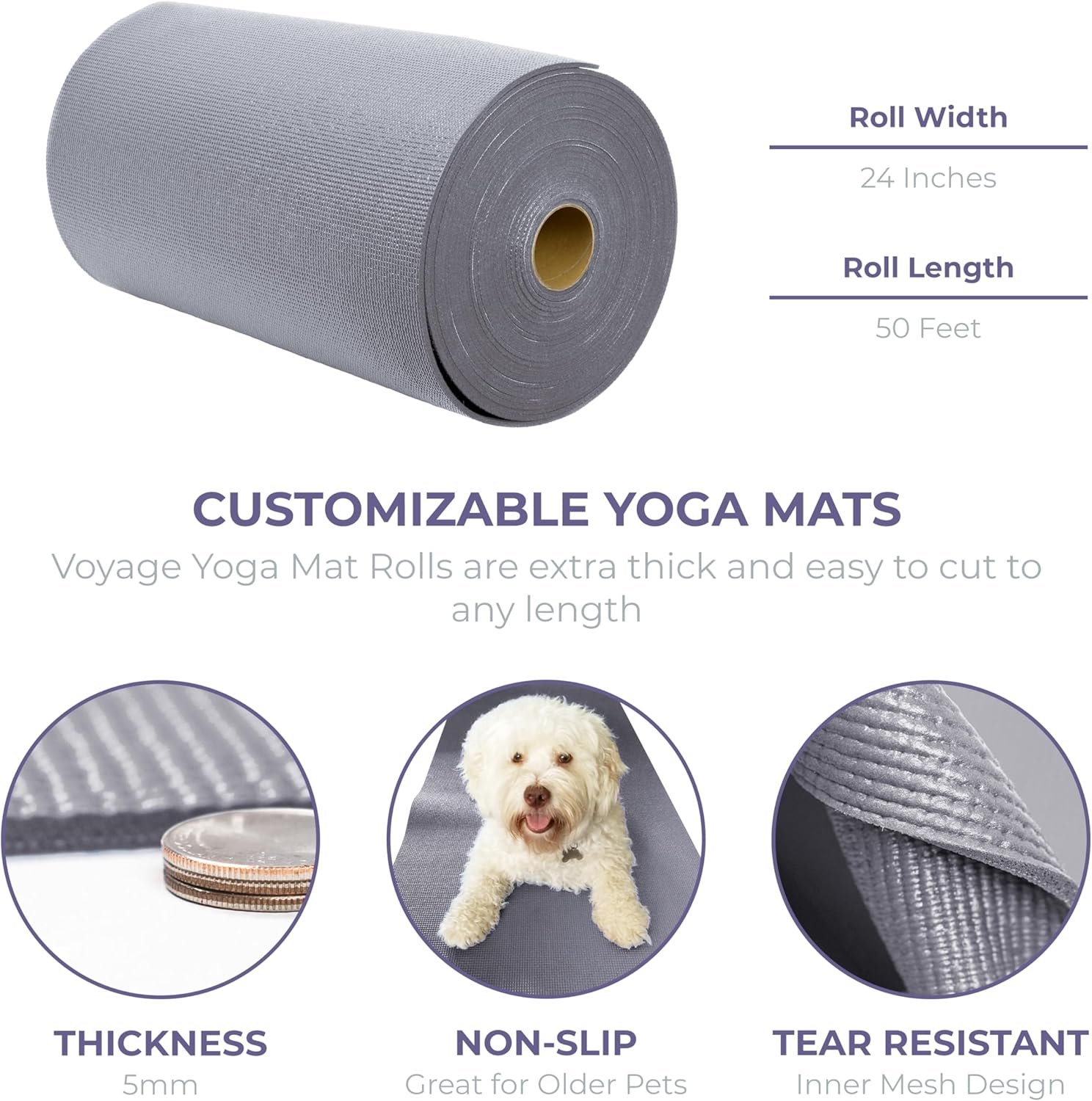 Voyage Yoga Mat Roll, 24in x 50ft Exercise Mat, 5mm Thick Non-Slip Gym Mat for Home Workout and Fitness, Anti-Tear, Cut up to 8 Regular Yoga Mats