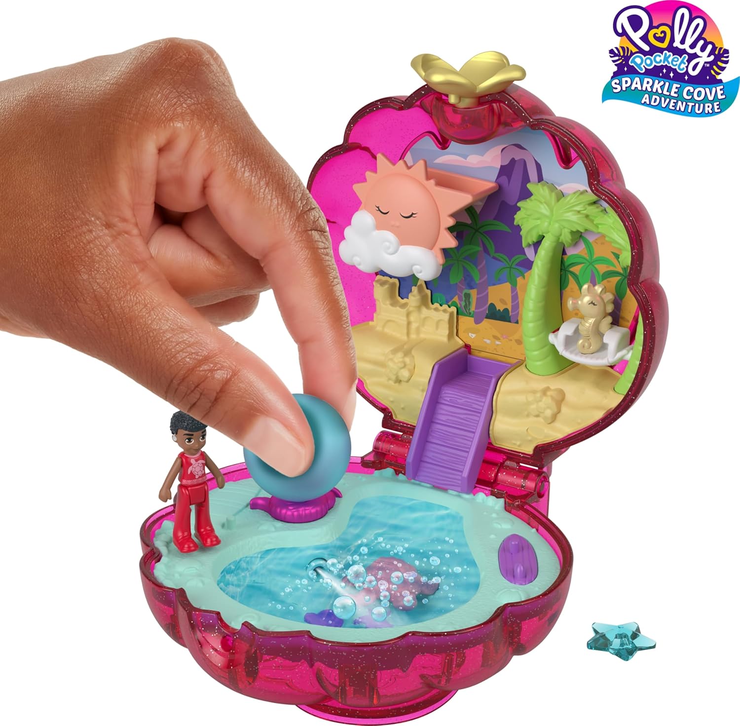Polly Pocket Dolls & Accessories, Sparkle Beach Shell Compact with Micro Doll & Ocean Pet, Travel Toy with Water Play,
