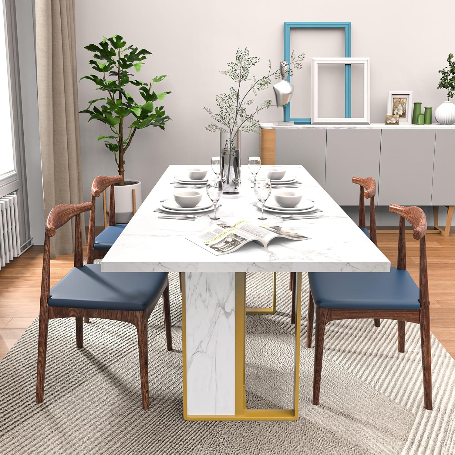 Bigbiglife 71 inch Dining Table for 6-8, Farmhouse Kitchen Table with Large Tabletop, Rectangular Dinner Eating Table W/Thickness Waterproof Wood Tabletop & Foot Pad, for Kitchen, Dining Room, White