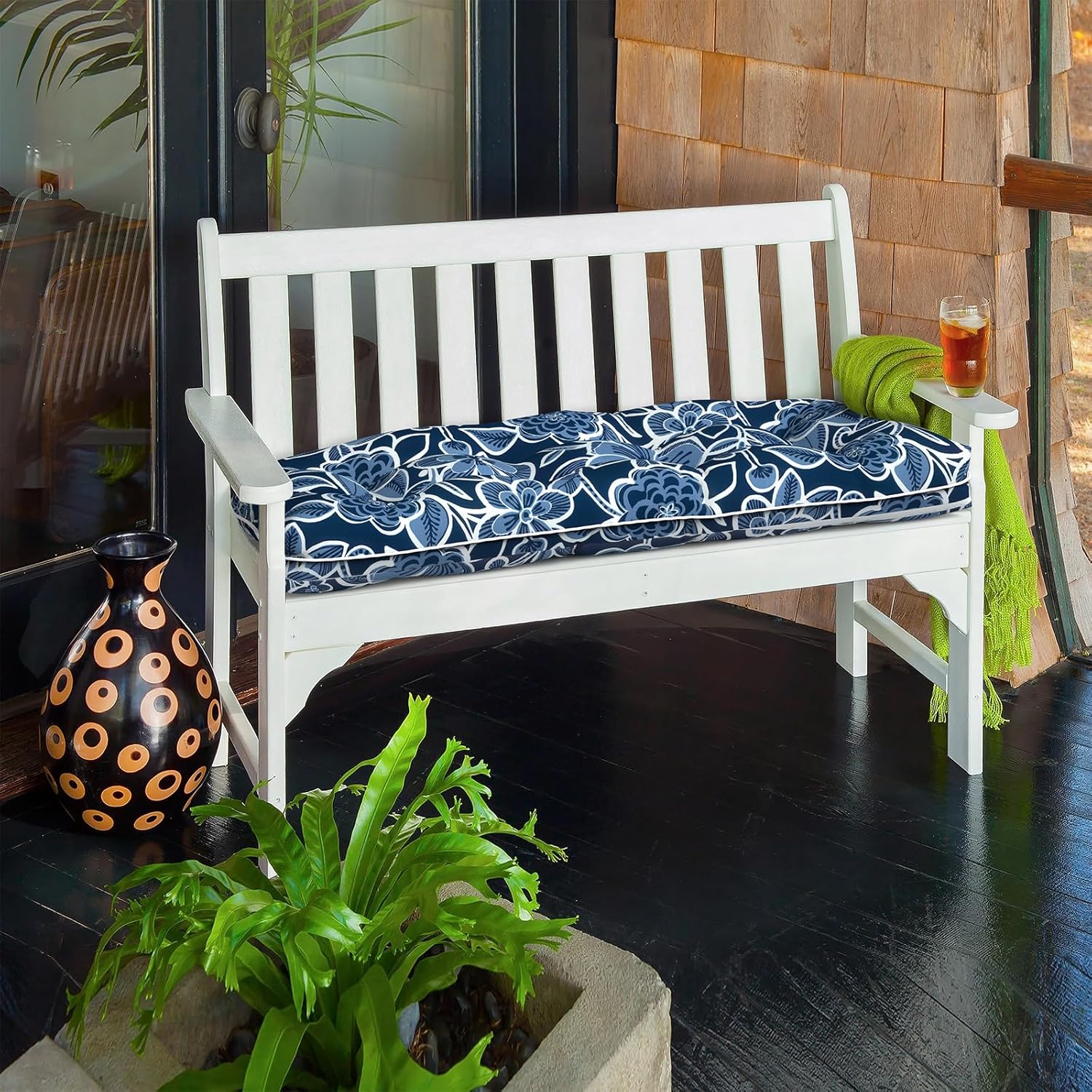 Tufted Bench Cushion for Outdoor Furniture, Patio Swing Cushion 44 x 19 x 5 Inch, Overstuffed Outdoor Chair Cushion for Garden Loveseat Lounge Storage, 1 Pack,Flower Navy