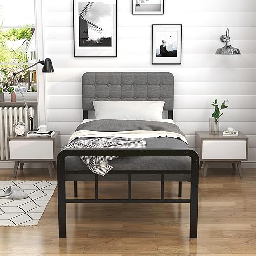 Miniatura 7 de EMODA Marco de cama de tamaño individual de 16 pulgadas con cabecera tapizada y estribo de metal, base de colchón de soporte de listones de metal