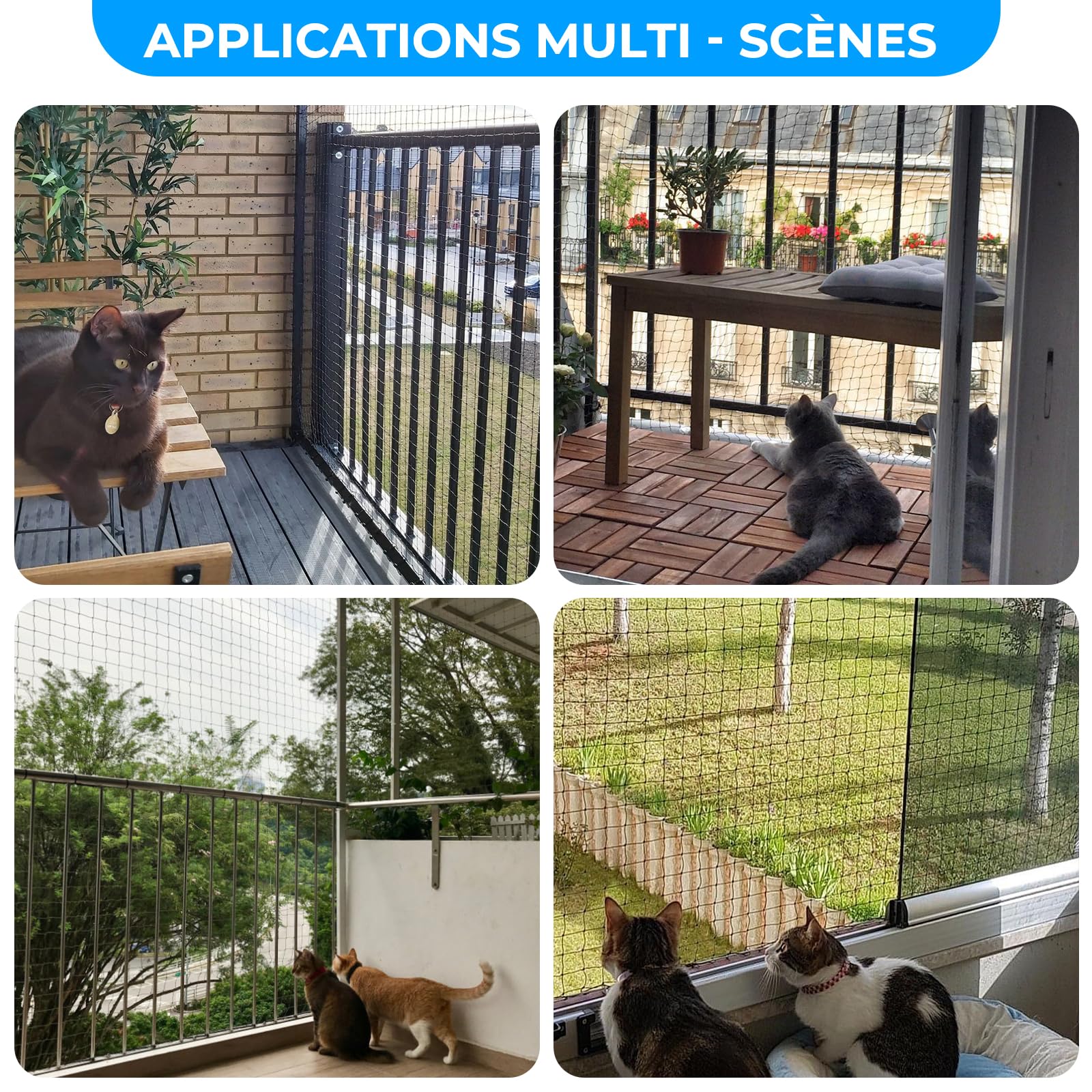 Filet de Balcon renforcé de Fil d'acier, Filet de Protection Chat, aux déchirures,Résistant aux UV et aux intempéries, pour Sécuriser Les Balcons, Terrasses, Fenêtres (2x3m)