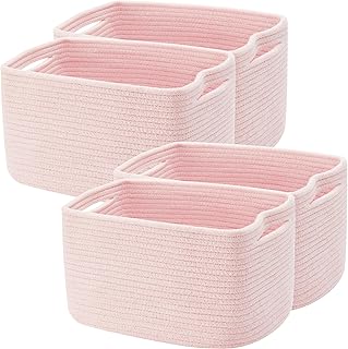 Set of 4 Pink Rope Basket for Shelves Woven Rectangle Storage Basket Bin...