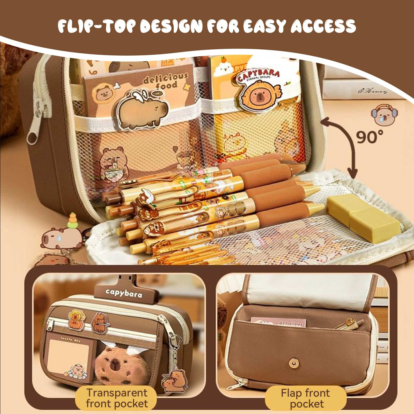 CharmBurst 1 Set Capybara Pencil Case Large, Kawaii Pen Pouch with Plush Figure, Capybara Keyring, Stationery Set, Stickers, For School Start - Image 4