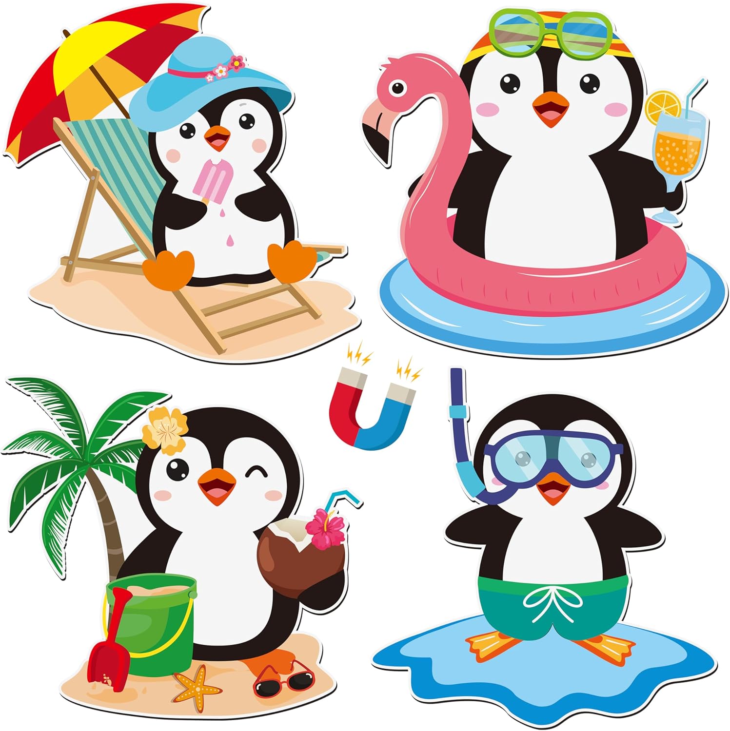 JAPBOR Cruise Door Decorations Magnetic - 4PCS Penguin Cruise Magnet, Summer Cute Penguins Theme Car Ship Cabin Refrigerator Magnets Decal, Funny Animal Fridge Magnetic Stickers for Beach Party Decor
