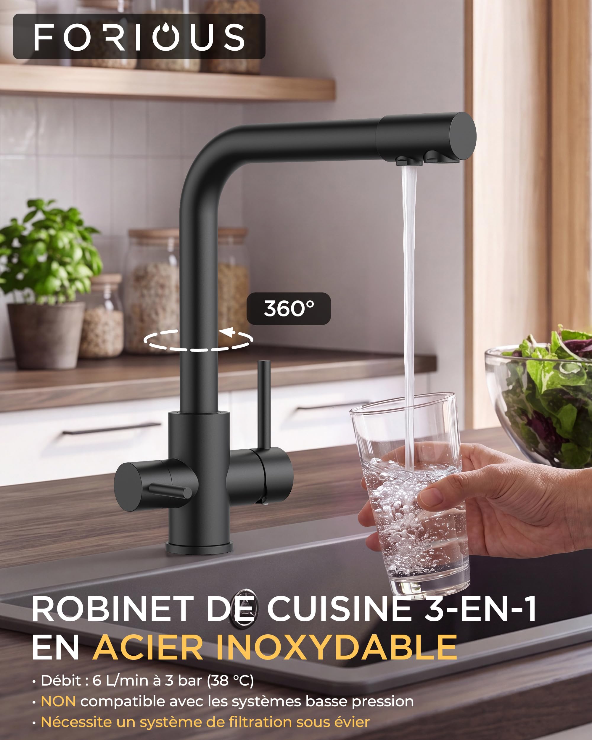 FORIOUS Robinet Cuisine 3 Voies, Double levier, Noir Mat