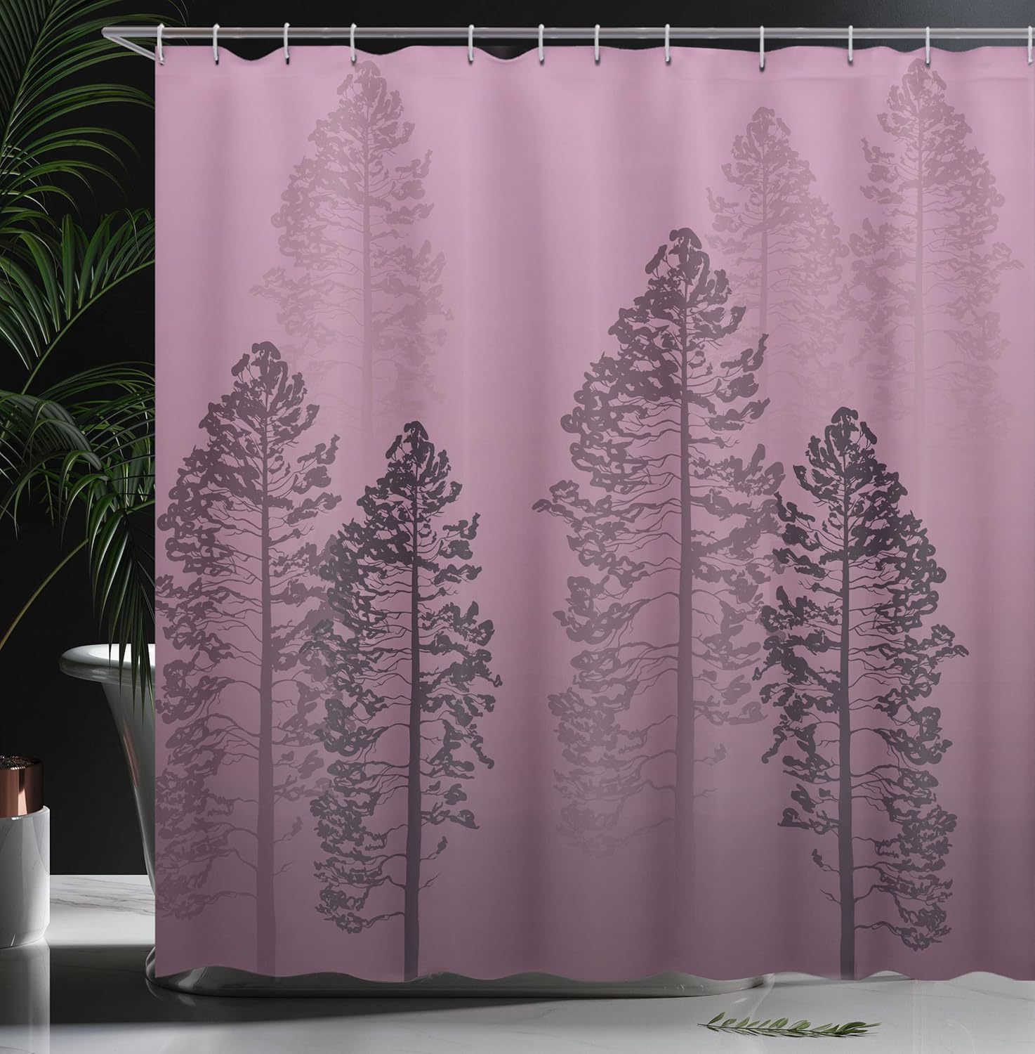 Ambesonne Country Shower Curtain, Pine Trees in The Forest on Foggy Seem Ombre Backdrop Wildlife Adventure Artwork, Cloth Fabric Bathroom Decor Set with Hooks, 69" W x 75" L, Pale Lilac