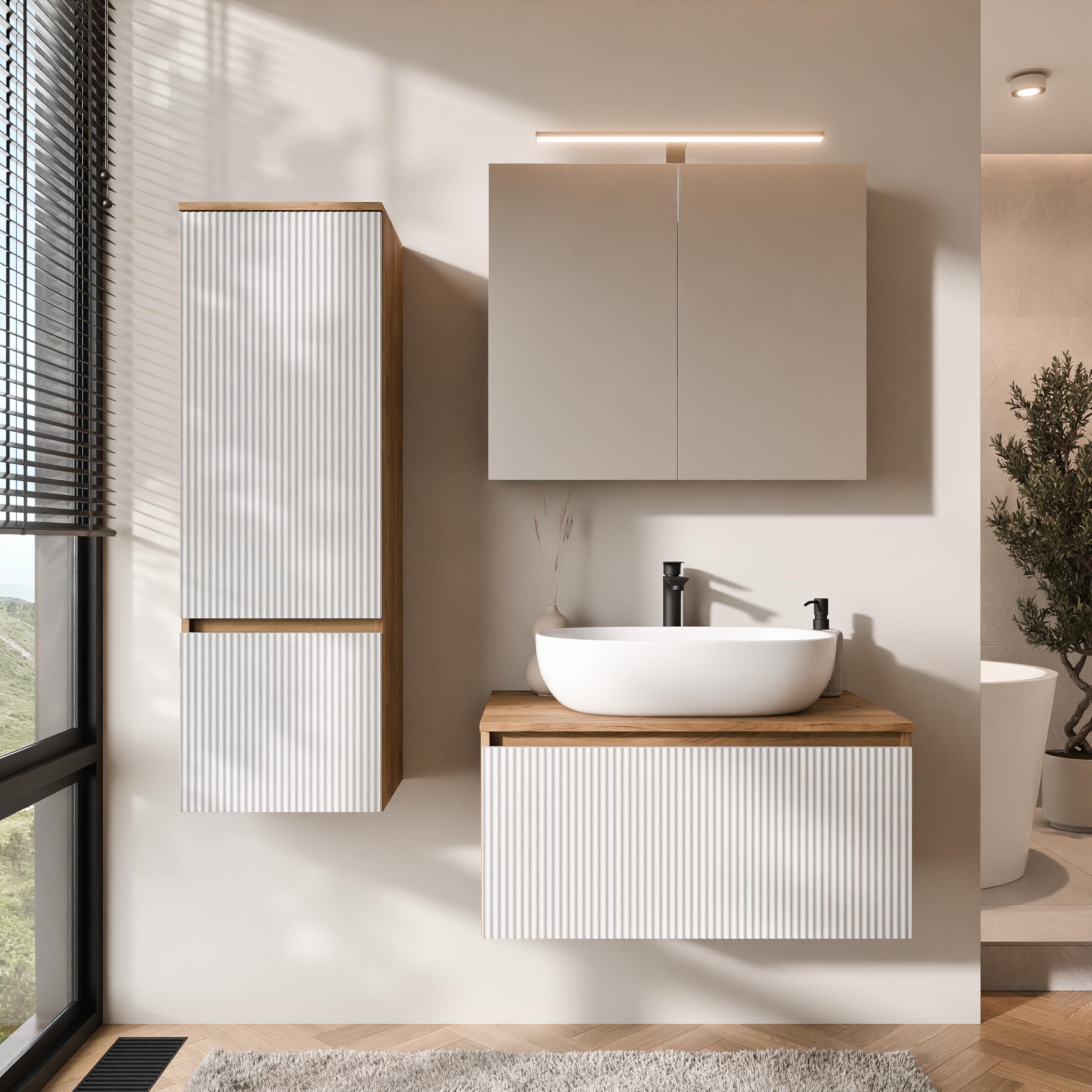 Planetmöbel Arisa - Set di mobili da bagno con mobiletto, 80 cm, colore oro rovere bianco (scanalato) con armadietto a specchio ARIA e mobiletto alto, lavabo da 60 cm, colore: Bianco