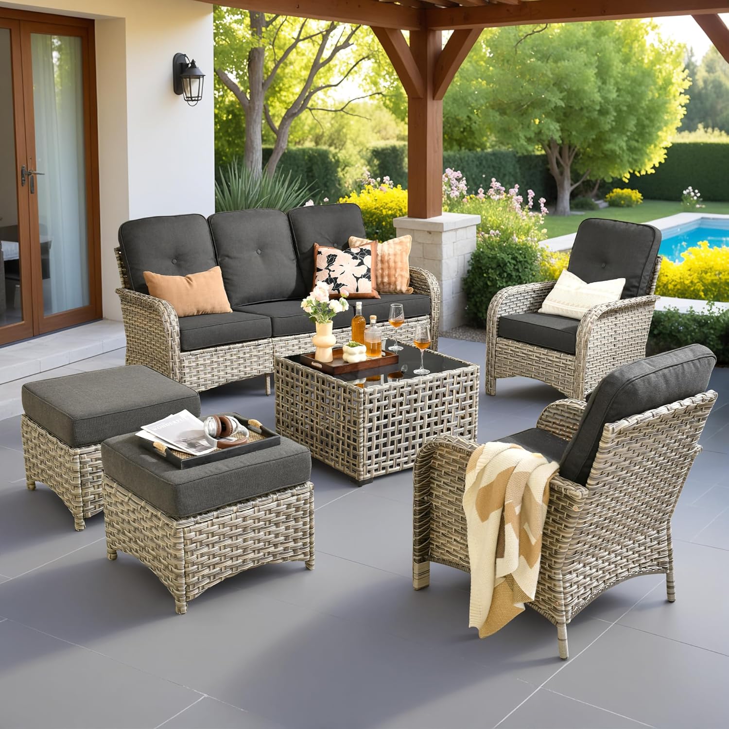 Weaxty 6 Piece Patio Set Outdoor Wicker Furniture Sets with Ottoman, Outside Couch Chair Conversation Sets Patio Furniture for Balcony Garden Deck Backyard Black