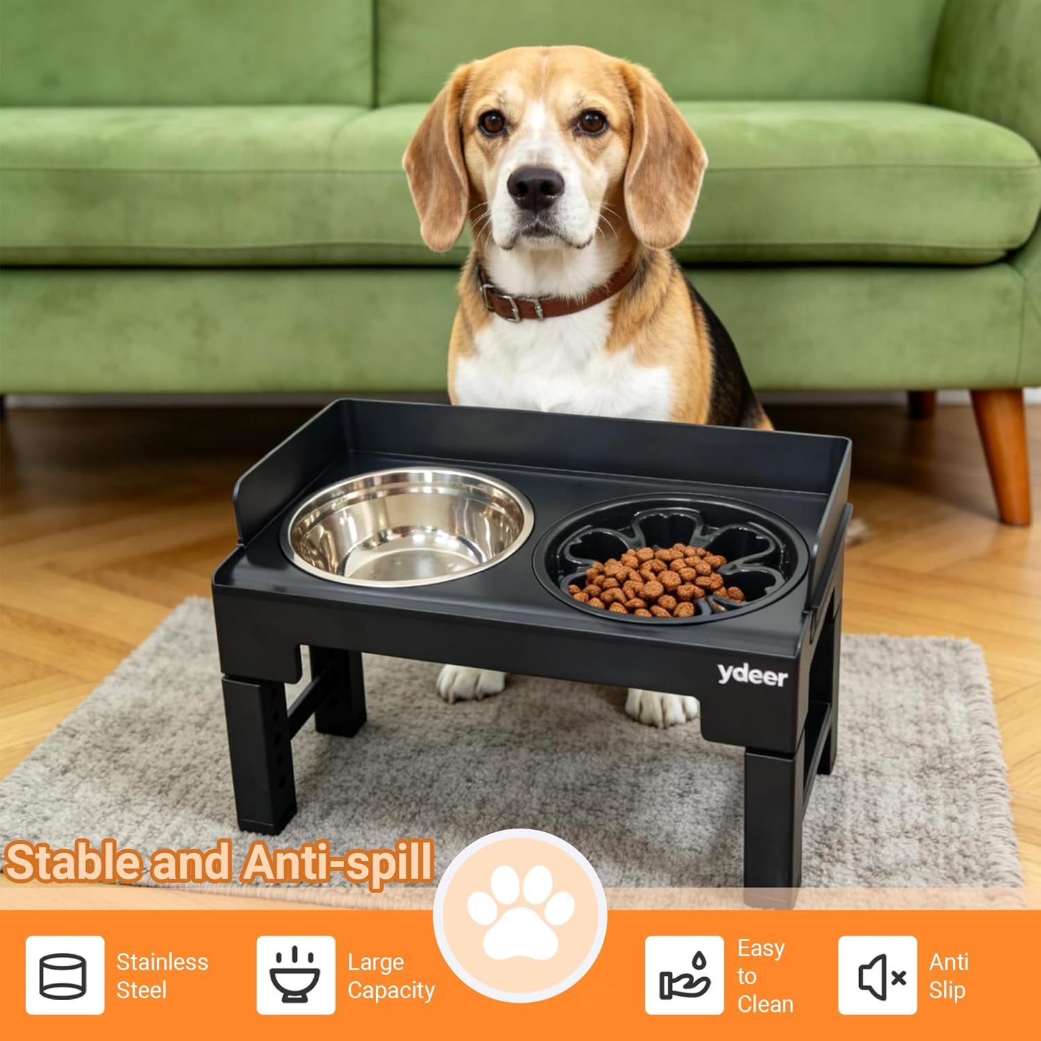 Elevated Dog Bowls, Raised Feeder Stand with Stainless Steel Dishes & Slow Feeder, 6 Heights Adjustable Height for Small Medium Large Dogs Cats Pets Cats and Dogs