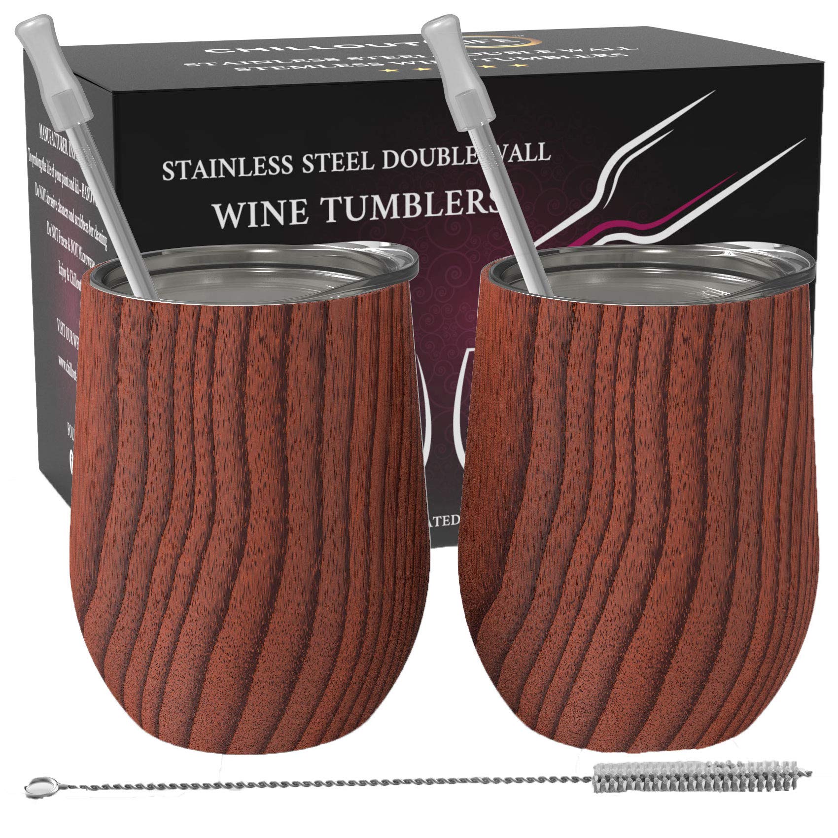 CHILLOUT LIFE 12 oz Stainless Steel Wine Tumblers 2 Pack - Double Wall Vacuum Insulated Wine Glasses Cups with Lids and Straws Set Keeping Cold & Hot