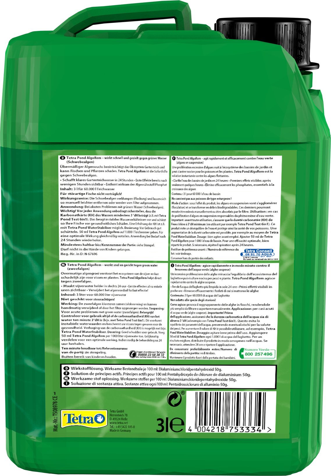 Tetra Pond AlgoRem 3 L, Agisce Rapidamente e in Modo Mirato Contro Il Fenomeno dell’Acqua Verde (Alghe Sospese)