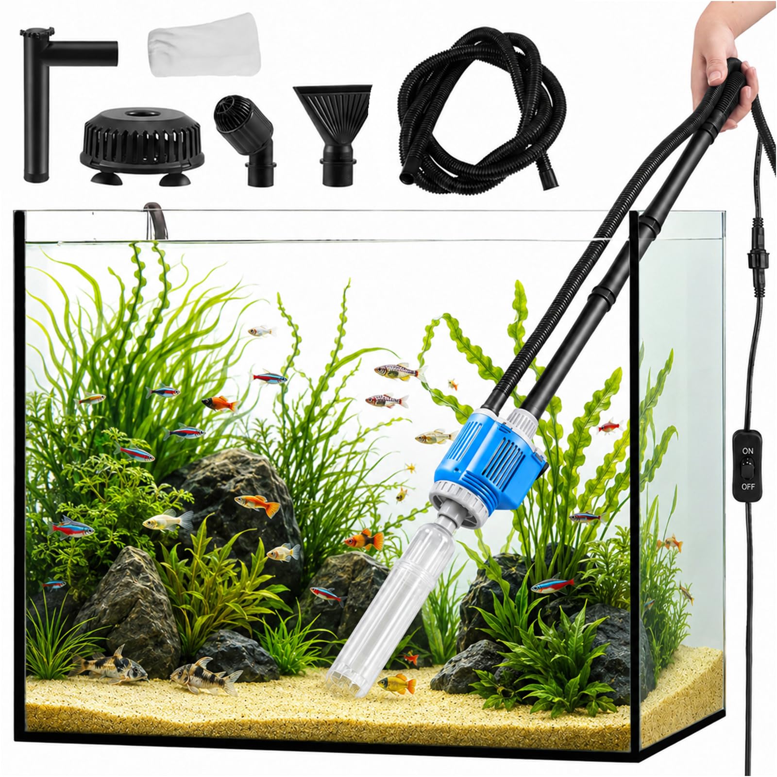 Nettoyeur Électrique pour Aquarium, Aspirateur de Gravier pour Aquarium 6 en 1 28W Nettoyage Changeur D'eau Automatique, pour Changement D'eau, Nettoyage du Sable, Élimination de la Saleté, Filtrage