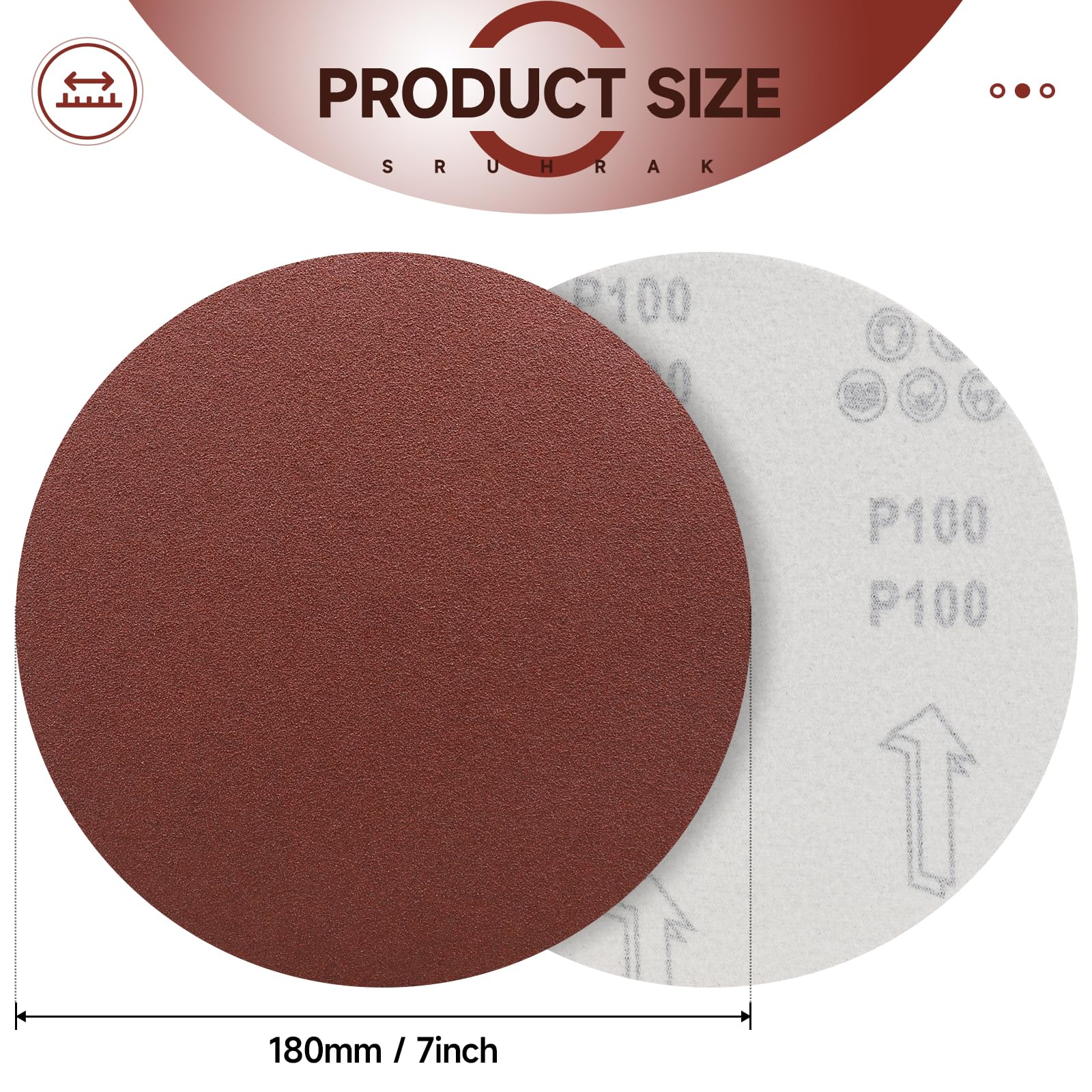 30 Dischi Abrasivi da 180 mm Grana P100, Carta Vetrata per Levigatrice Orbitale 180mm, Velluto Rinforzato, Ossido di Alluminio per Finitura a Secco