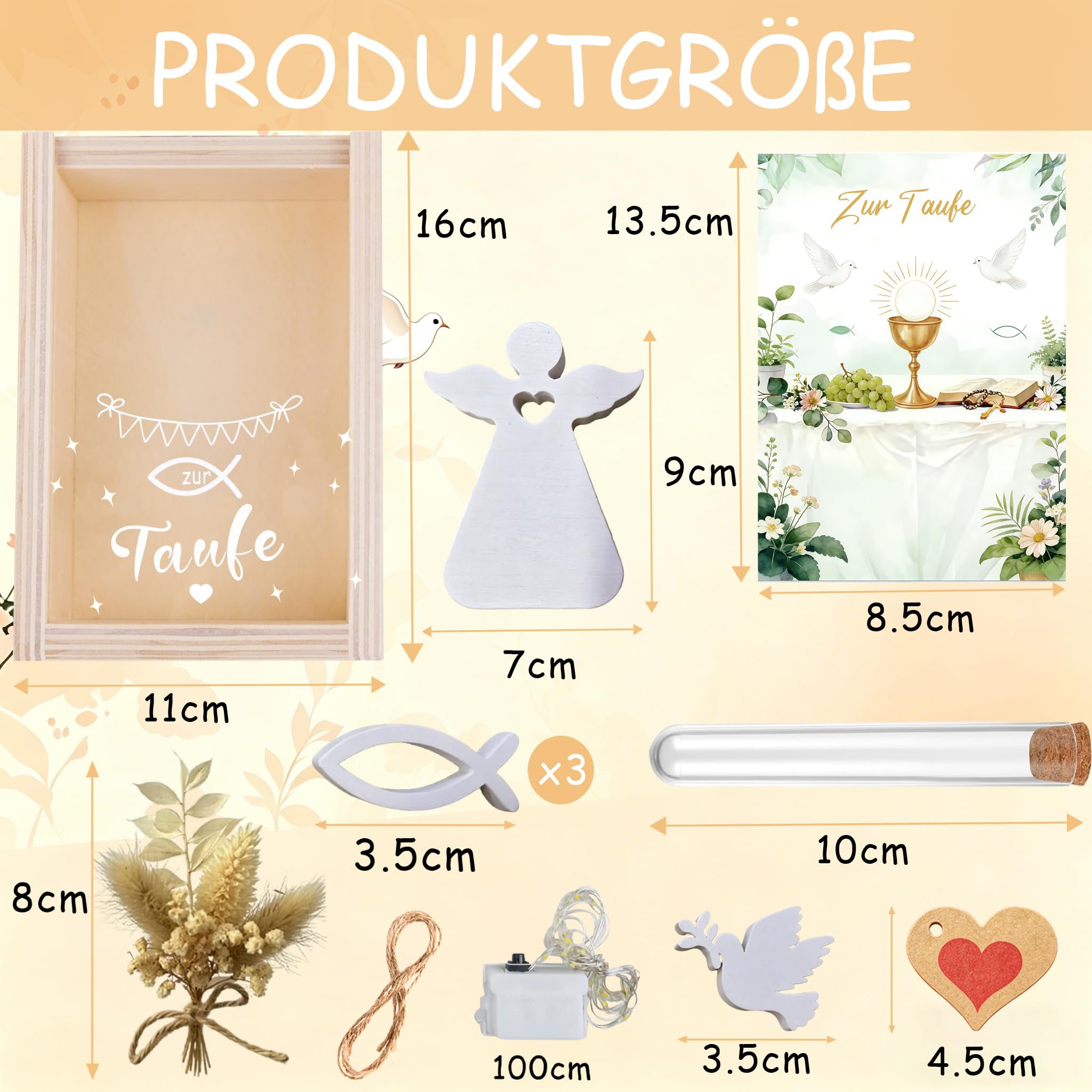 Taufgeschenke für Mädchen Jungen, Taufe Geschenk mit LED, Getrocknete Blumen,Holzbox, Taufkarte, Engel und Fische, Kreative Geschenke zur Taufe