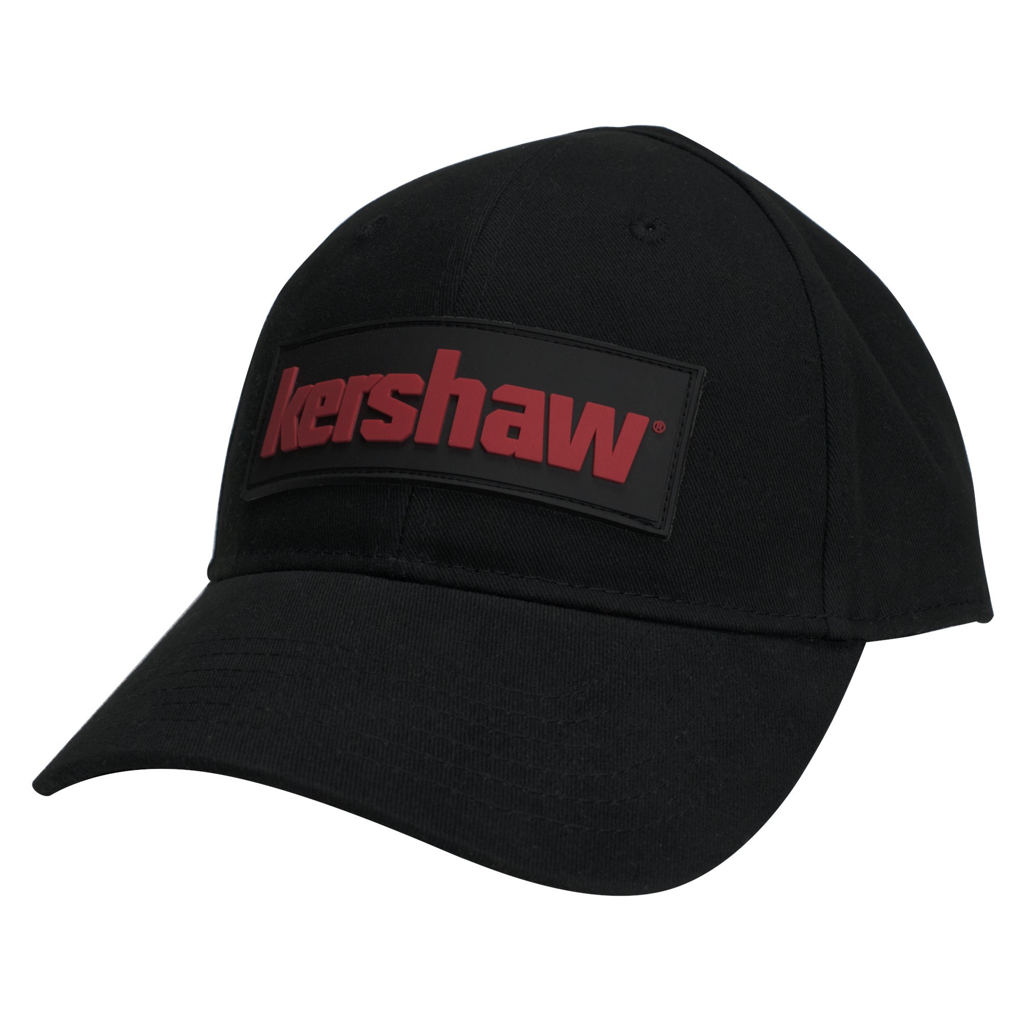 Kershaw Logo Cap 3 – 3D; All-Black with Rubberized Black Patch; Kershaw Name in Red; Adjustable Fit; Interior Headband, Sealed Seams; Six Panel Construction; Vent Holes; Six Lines Topstitching