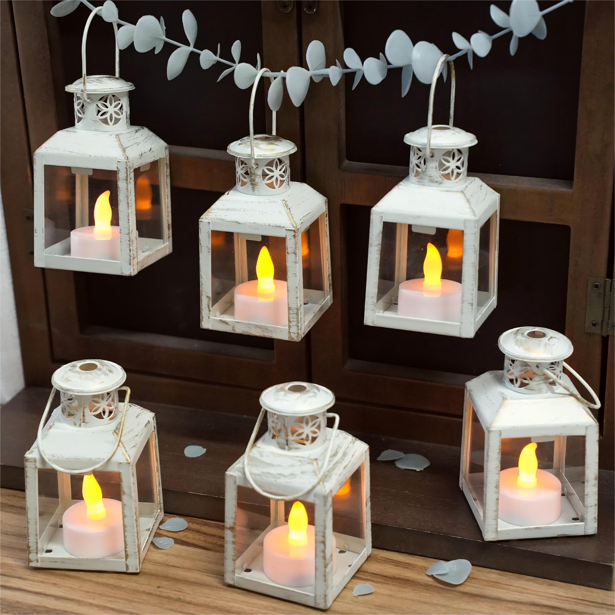 Trirocks White With Gold Brush 6 Pcs Small Metal Candle Lanterns Vintage Hanging House Tealight Lantern Decorative Candle Tea Light Holders For Table Valentine Patio Indoor Outdoor Gifts(White With Gold Brush)