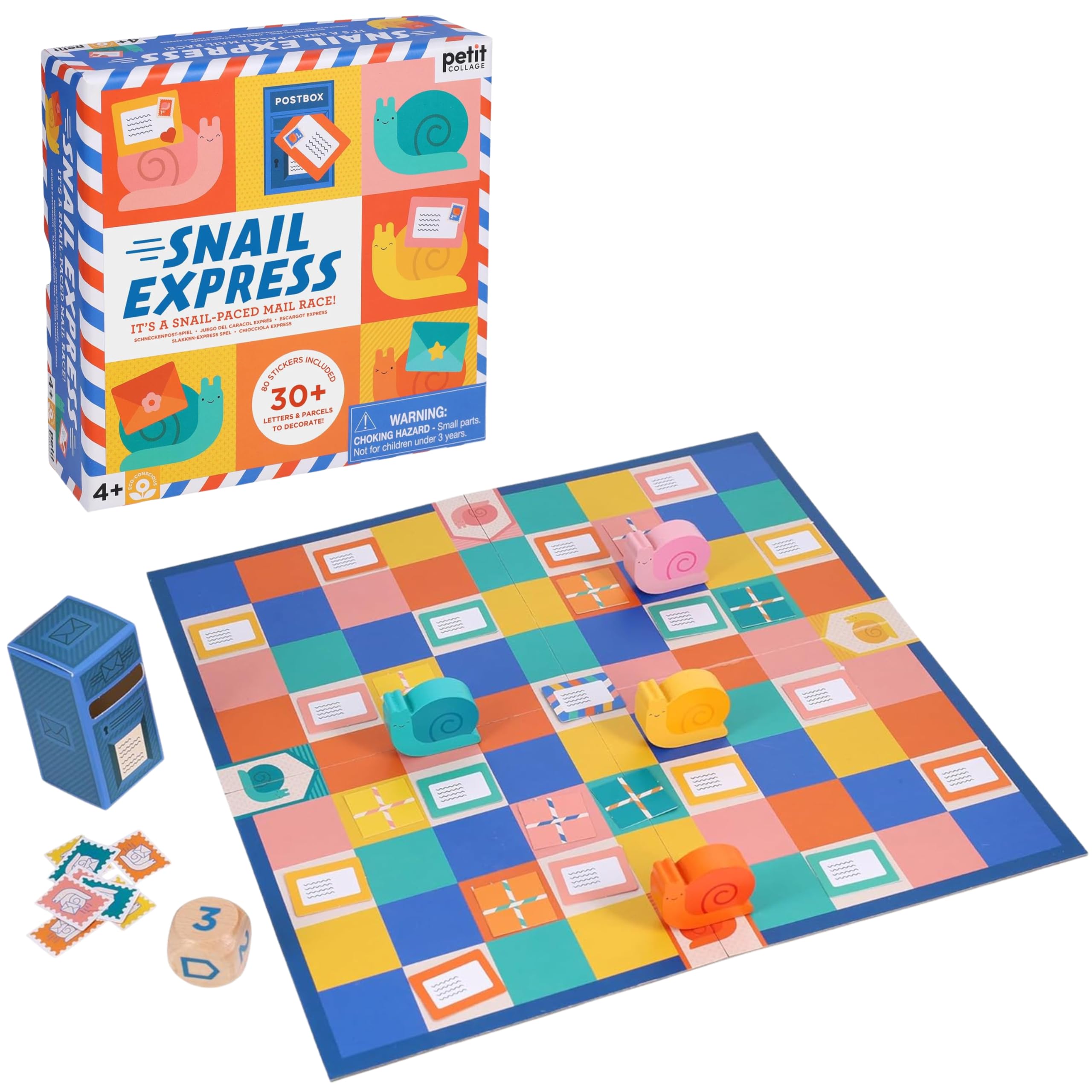 Petit Collage: Snail Express - Eco-Friendly Kids Ages 4+ – Includes FSC Wooden Snails, Stickers, Parcels & Mailbox – Family Game Night Favorite – Sustainable & Educational - Mail Racing