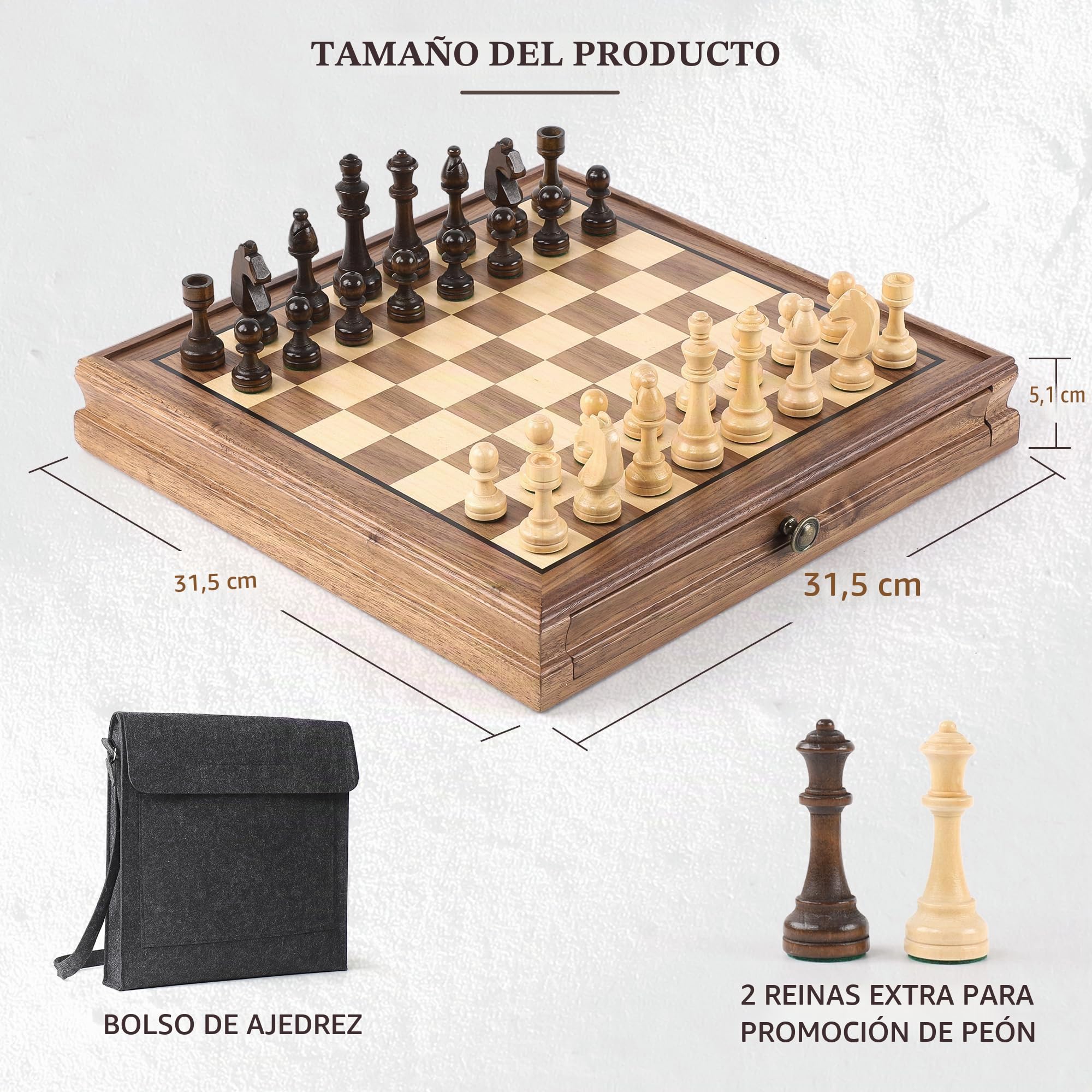 Juego de ajedrez y damas magnético de madera de nogal con cajón, 2 en 1, grandes figuras de madera, ajedrez de viaje plegable, para adolescentes a partir de 14 años y adultos