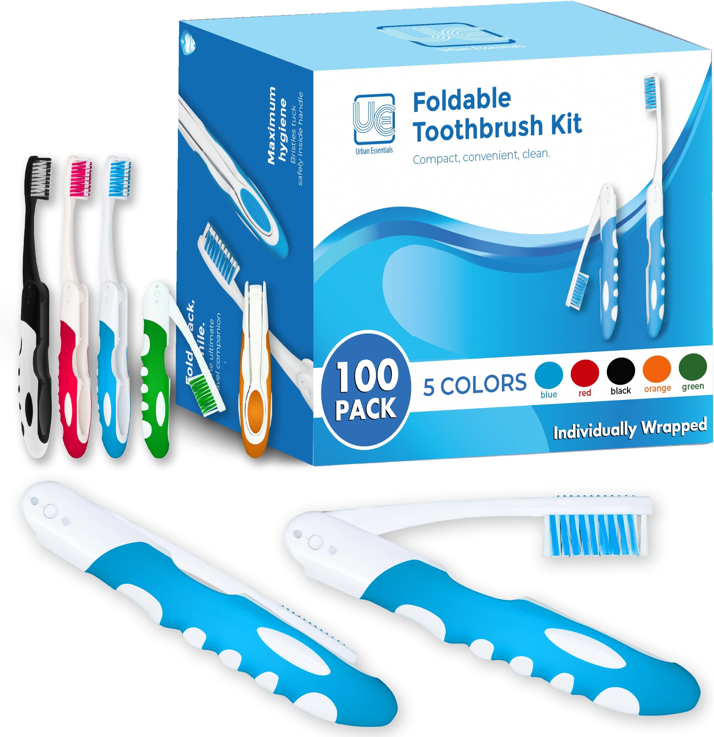 Urban Essentials Bulk Foldable Travel Toothbrush Fold to Cover Individually Wrapped
