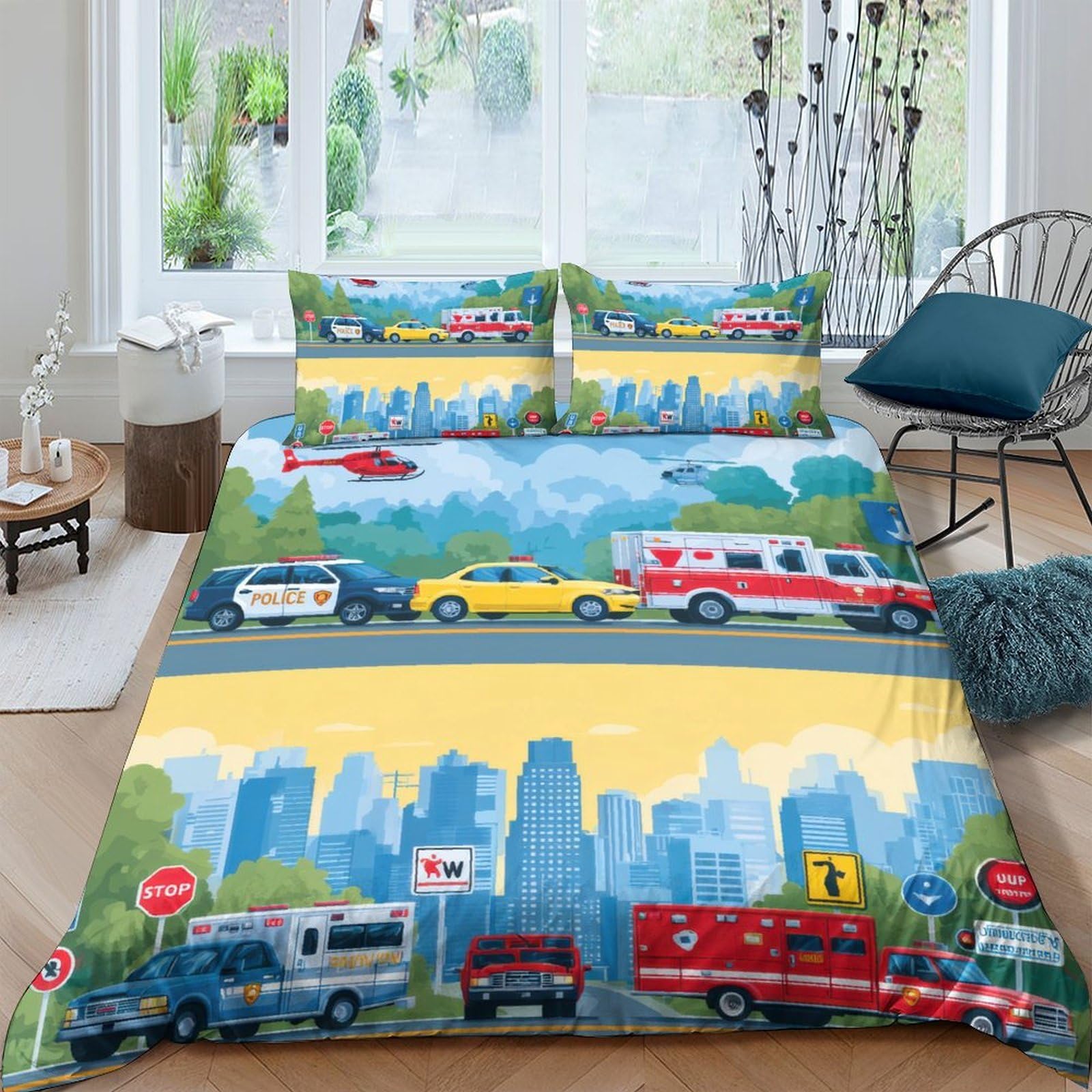 TUFRTGYHN 3D Printed City Traffic Duvet Cover Set Microfiber Soft Urban Vehicles Bedding Set with 2 Pillowcases, Breathable for Bedroom Home Decor Single（135x200cm）