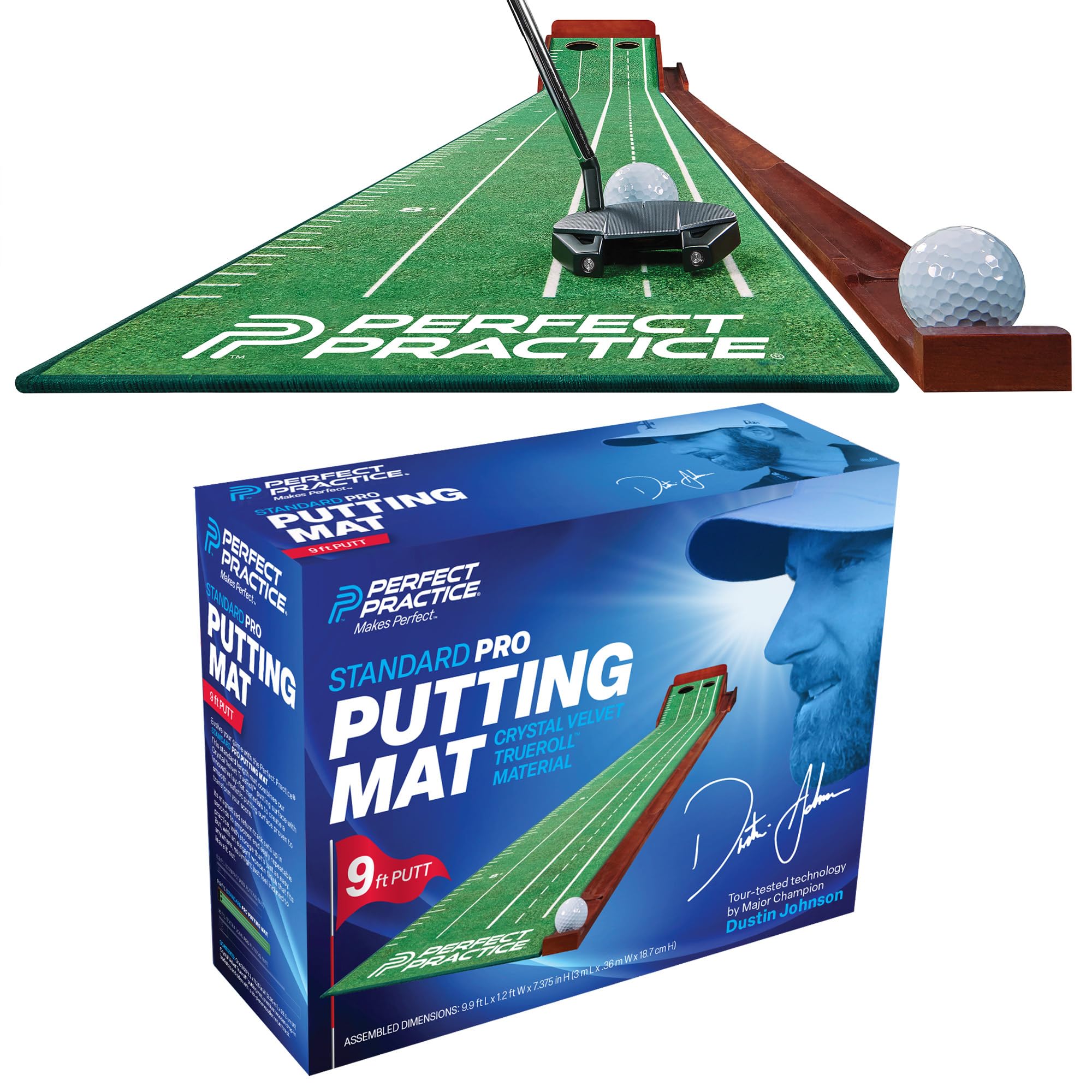 PERFECT PRACTICE Putter Practice Mat Golf Putter Mat Official Dustin Johnson Golf Practice Putting Automatic Ball Guidelines Hitting Straighter Indoor/Outdoor Use