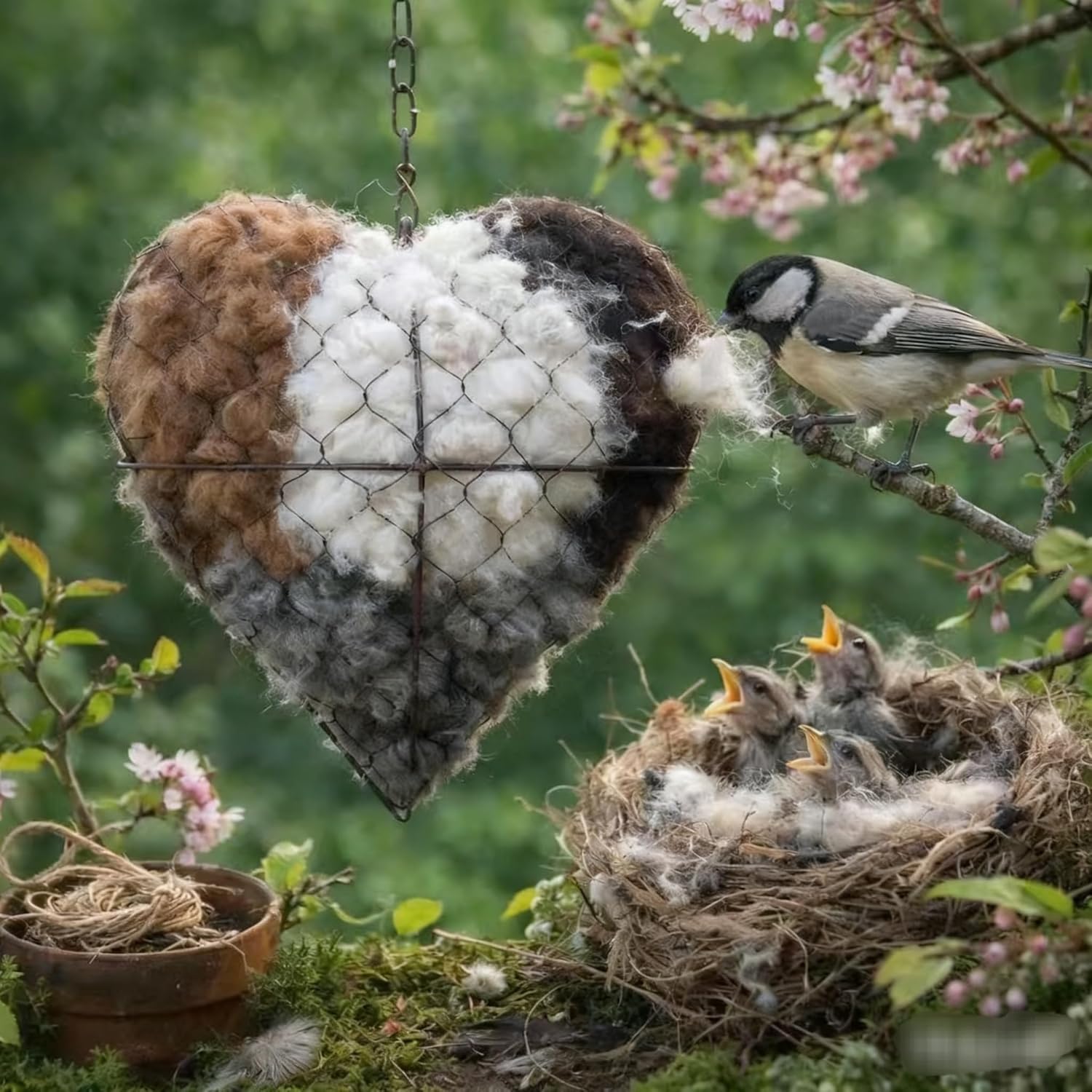 A Heart-Shaped Bird's nest, Filled with Stuffing Inside. Two containers.