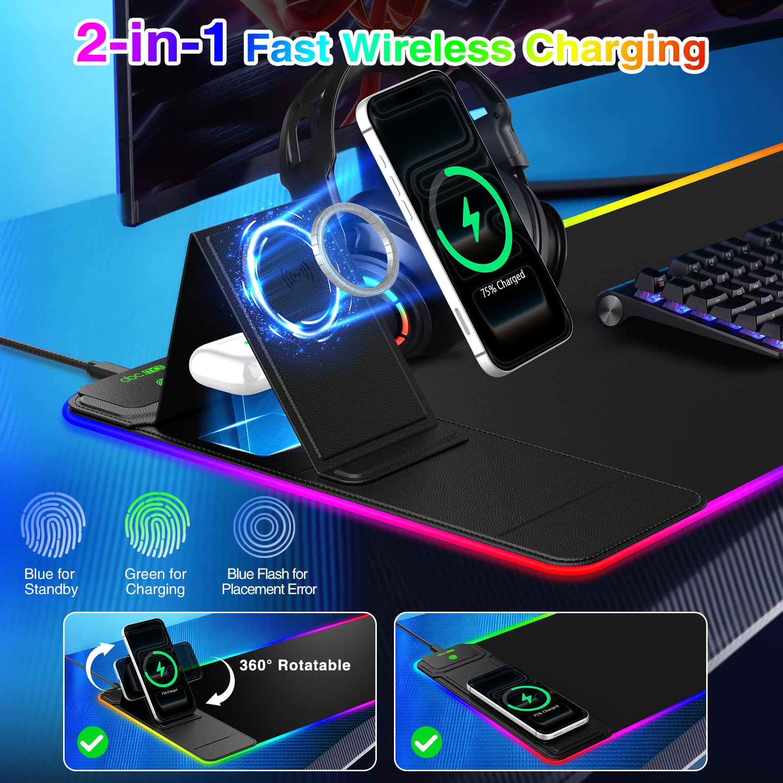 Tappetino per mouse da gioco XXL RGB LED con caricabatterie wireless magnetico e supporto pieghevole per telefono, 80 x 30 cm, tappetino da scrivania ultra liscio, 25 effetti di luce, base antiscivolo