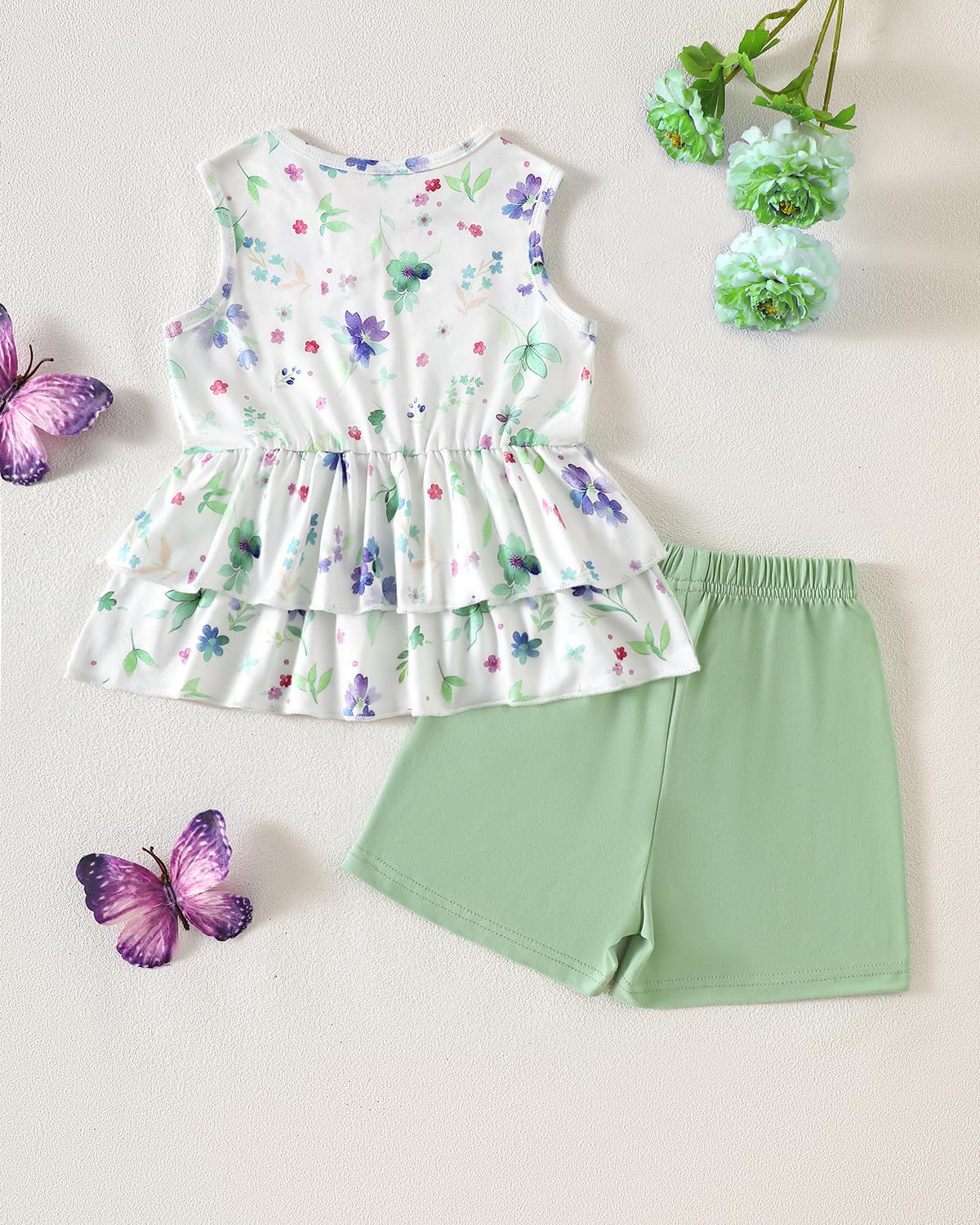 FishingDino Baby Mädchen Kleidung Sommer Set Gr 92-110, Ärmelloses Blumen Schößchen Top & Shorts Kinderkleidung, Süße Babykleidung Mädchen für Daily Wear