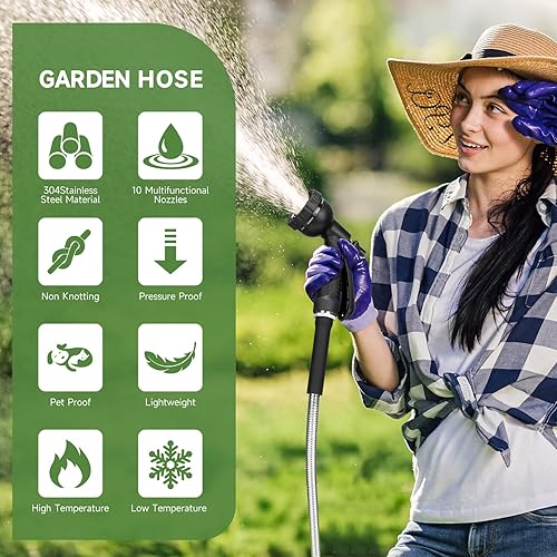 Miniatura 4 de Manguera de jardín expandible de 50 pies, manguera de agua de metal de acero inoxidable 304 con boquilla de 10 funciones, flexible, a prueba de