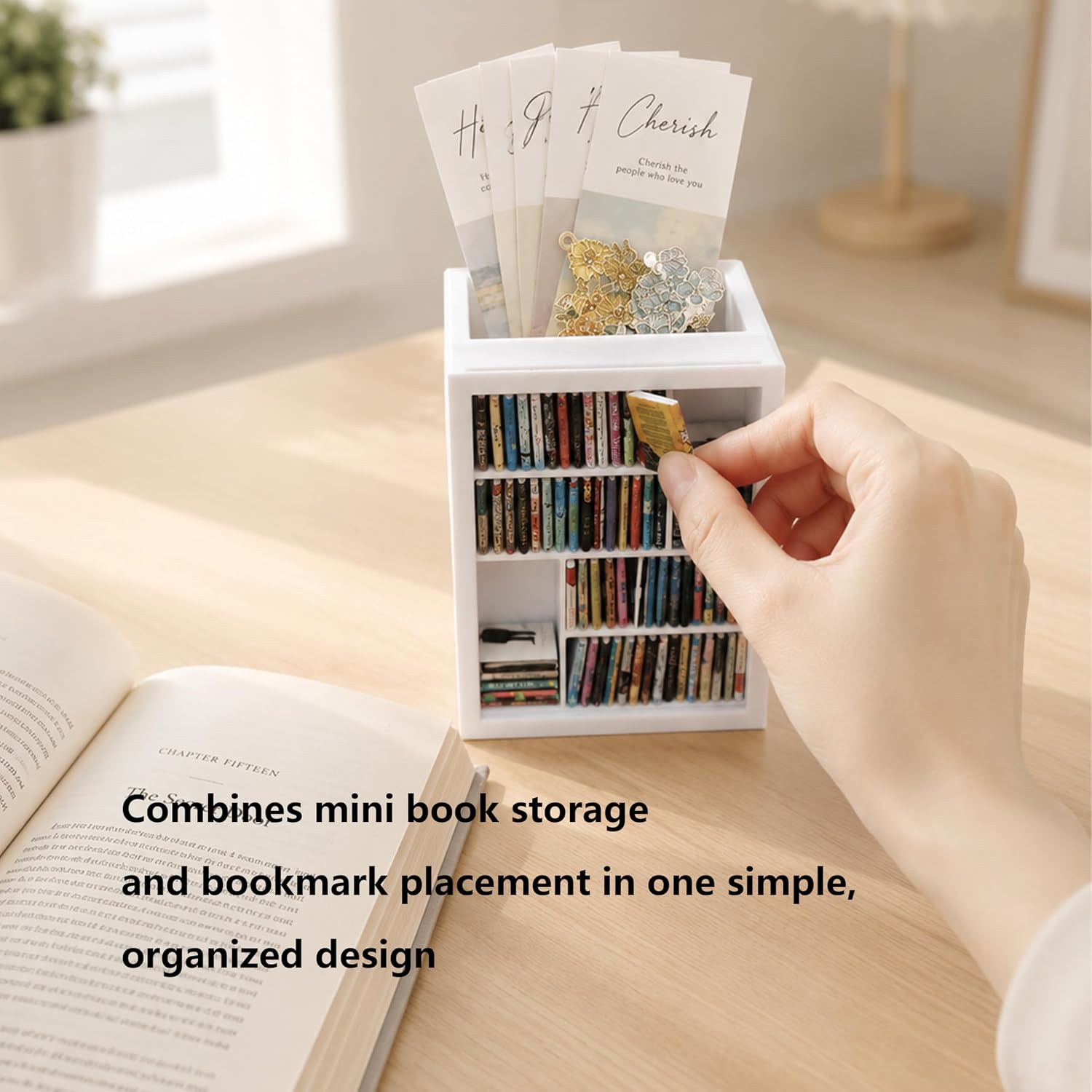 Bookmark Holder Mini Bookshelf for Book Lovers, Decorative Bookmark Display with 100 Mini Books, Small Anxiety Bookshelf, Bookish Gifts and Bookish Items for Reading Nooks (White)